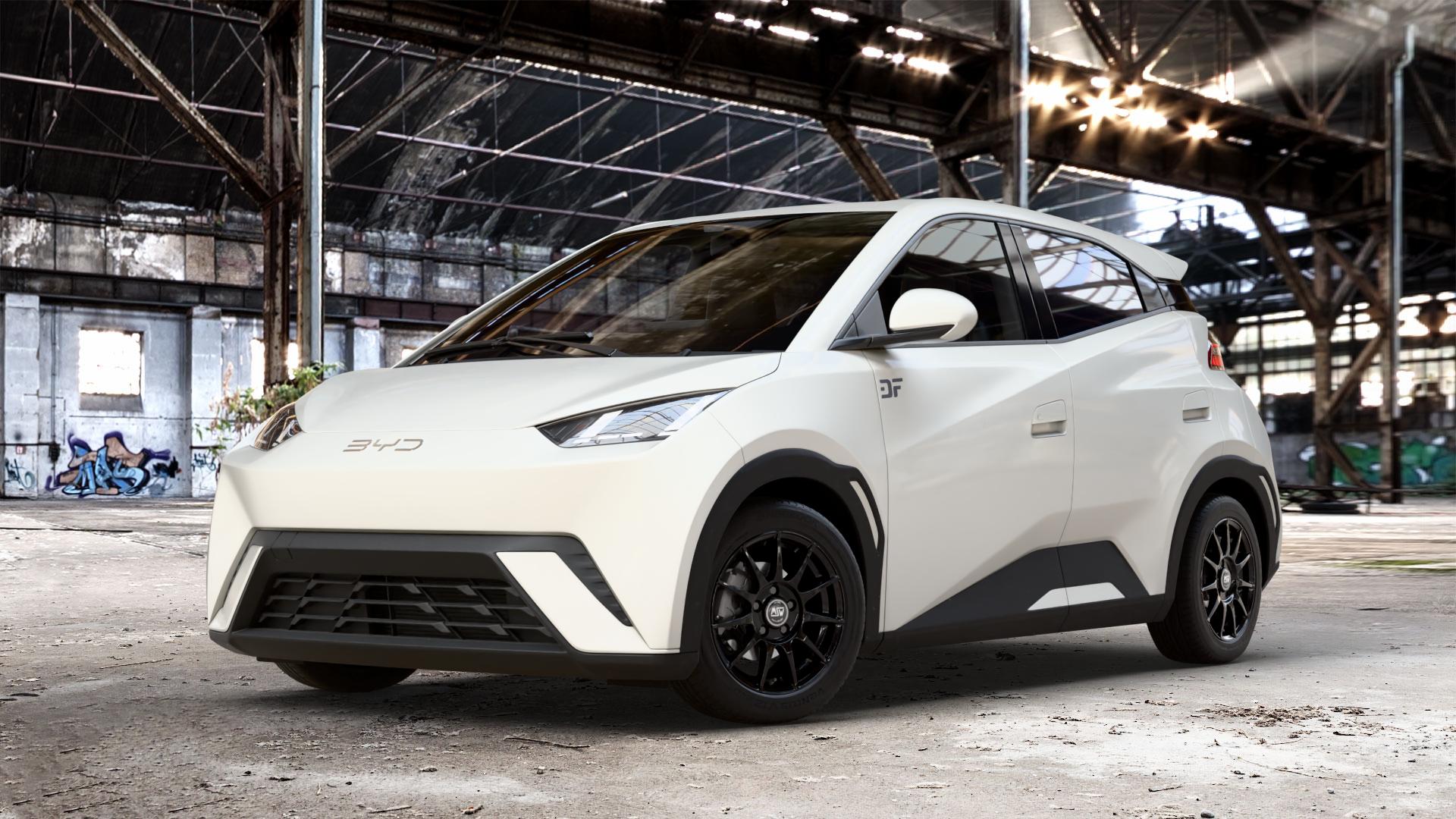 MSW 85 GLOSS BLACK Felge mit Reifen schwarz in 15Zoll Winterfelge Alufelge auf weissem BYD Dolphin Surf Typ EQE 0,0l 35kW EV300 (48 PS) 60kW EV400 (82 ⬇️ mit 15mm Tieferlegung ⬇️ Old Industrial Hall_max_4400mm_2024 Frontansicht_1
