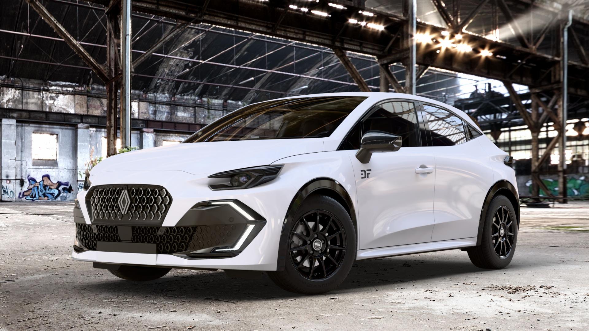 MSW 85 GLOSS BLACK Felge mit Reifen schwarz in 16Zoll Winterfelge Alufelge auf weissem Renault Clio VI Typ R03 ⬇️ mit 15mm Tieferlegung ⬇️ Old Industrial Hall_max_4400mm_2024 Frontansicht_1