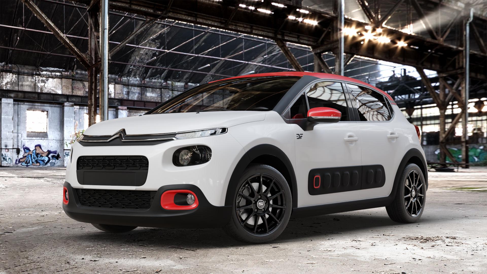 MSW 85 GLOSS BLACK Felge mit Reifen schwarz in 17Zoll Winterfelge Alufelge auf weissem Citroen C3 III ⬇️ mit 15mm Tieferlegung ⬇️ Old Industrial Hall_max_4400mm_2024 Frontansicht_1