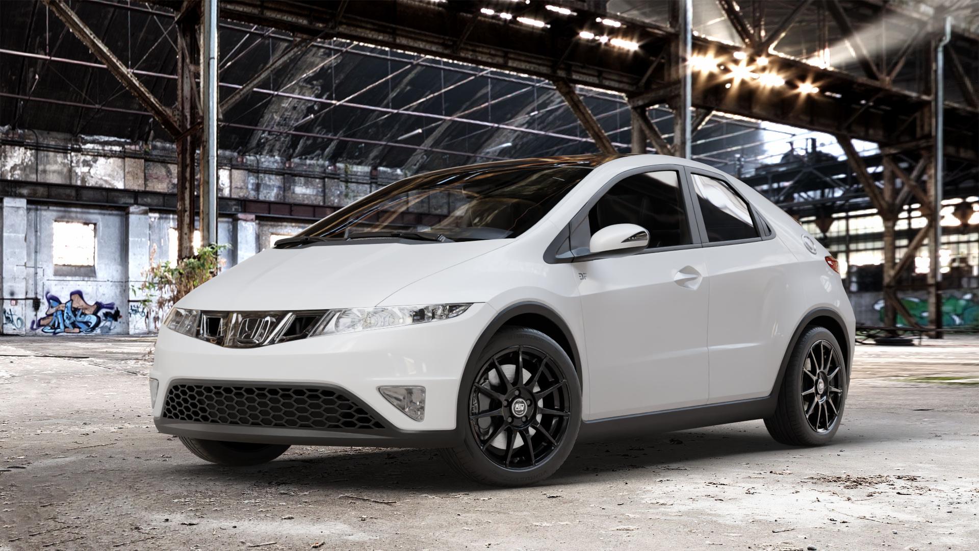 MSW 85 GLOSS BLACK Felge mit Reifen schwarz in 17Zoll Winterfelge Alufelge auf weissem Honda Civic 8 Fünftürer (FK) 1,4l V-Tec (FK1) 73kW (99 PS) ⬇️ mit 15mm Tieferlegung ⬇️ Old Industrial Hall_max_4400mm_2024 Frontansicht_1