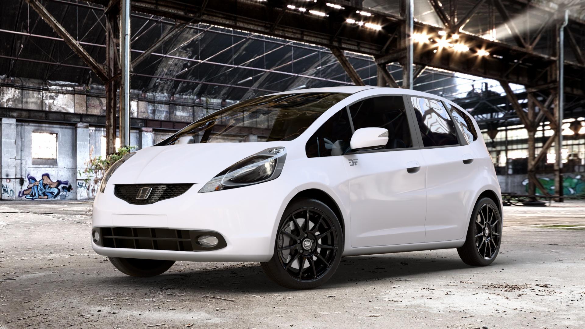 MSW 85 GLOSS BLACK Felge mit Reifen schwarz in 17Zoll Winterfelge Alufelge auf weissem Honda Jazz III (GG, GE) 1,2l i-VTEC 66kW GG5 (90 PS) 1,4l 73kW GG6 (99 GG3 GE6 GG1 GG2 IMA Hybrid 65kW GP1 (88 ⬇️ mit 15mm Tieferlegung ⬇️ Old Industrial Hall_max_4400mm_2024 Frontansicht_1