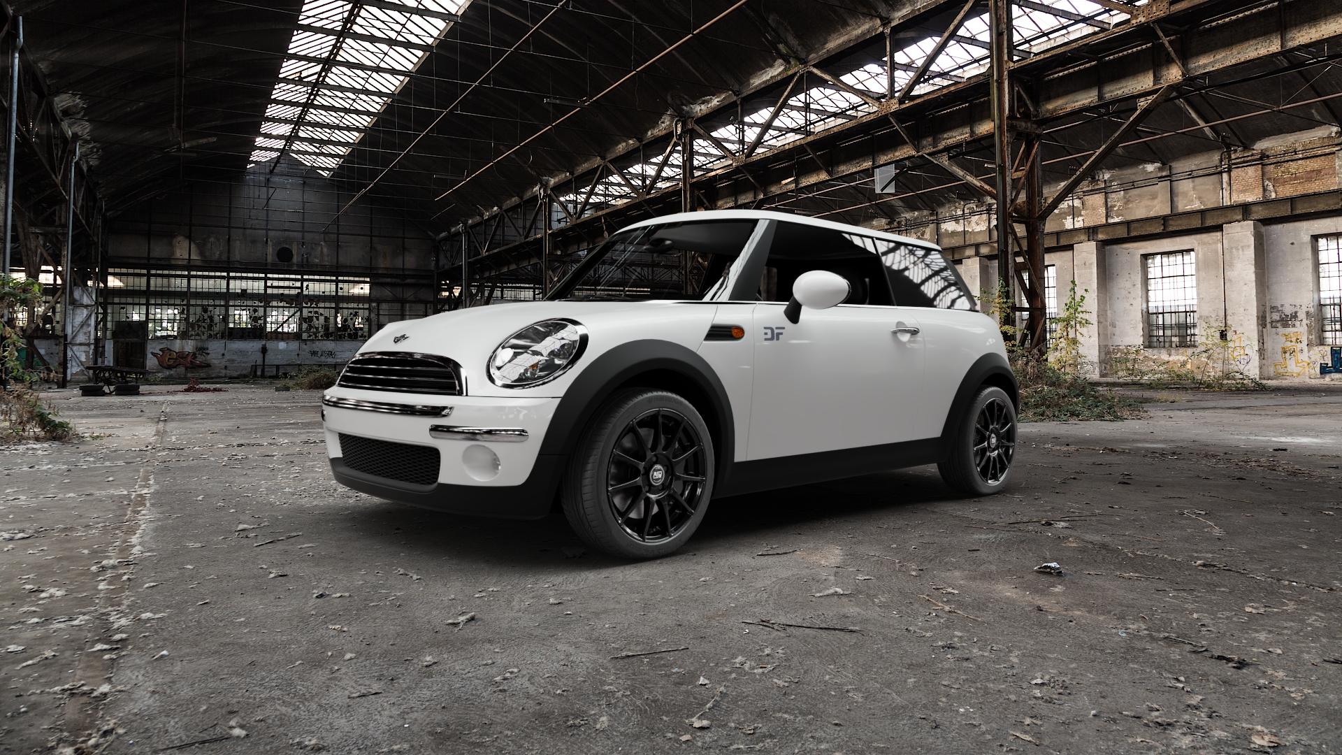 MSW 85 GLOSS BLACK Felge mit Reifen schwarz in 17Zoll Winterfelge Alufelge auf weissem Mini R50/53 Typ MINI, MINI-N (Limousine) ⬇️ mit 15mm Tieferlegung ⬇️ Old Industrial Hall_max5000mm_2022 Frontansicht_1