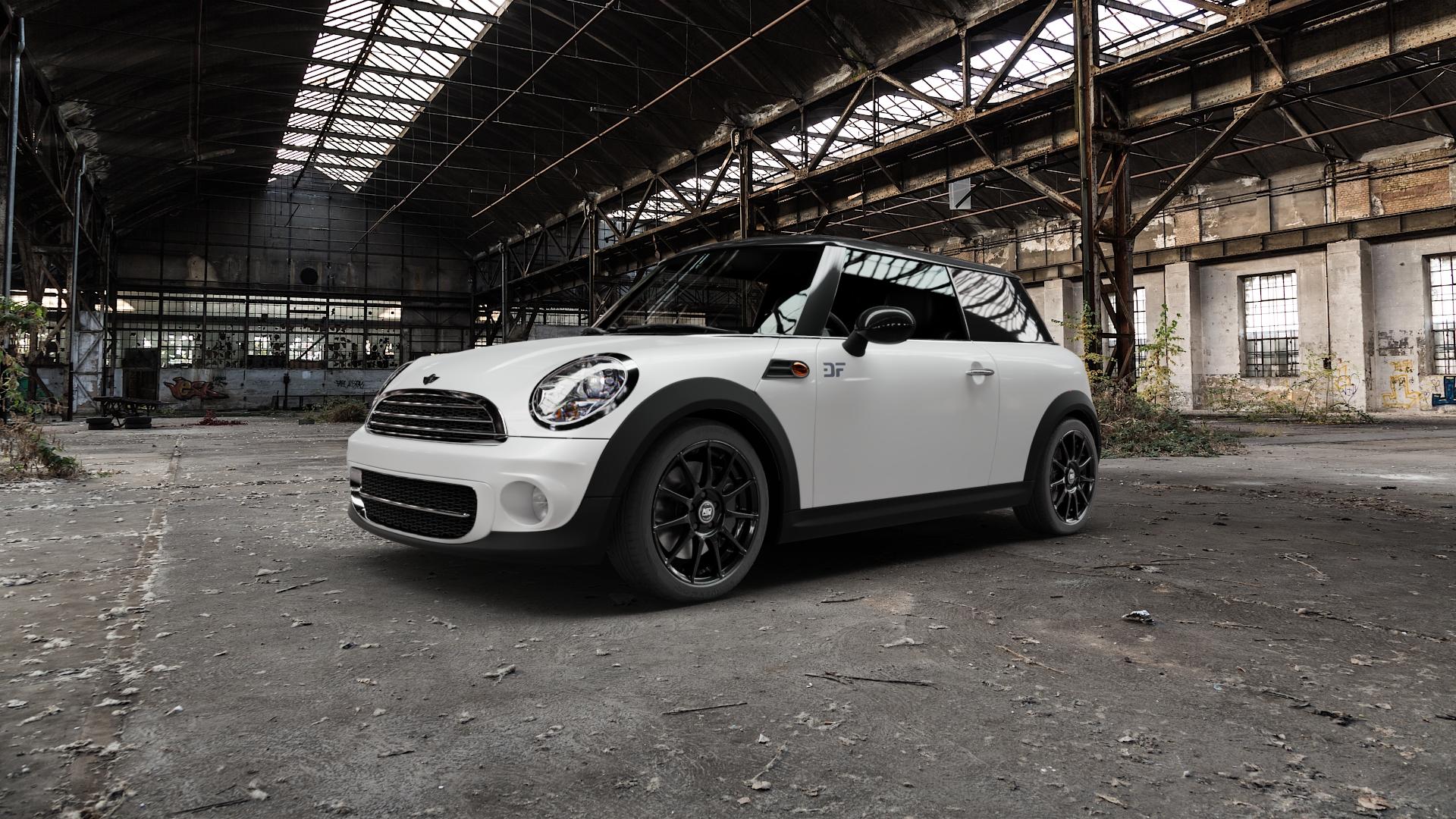 MSW 85 GLOSS BLACK Felge mit Reifen schwarz in 17Zoll Winterfelge Alufelge auf weissem Mini R56 Typ UKL-L (Limousine) MINI-N ⬇️ mit 15mm Tieferlegung ⬇️ Old Industrial Hall_max5000mm_2022 Frontansicht_1