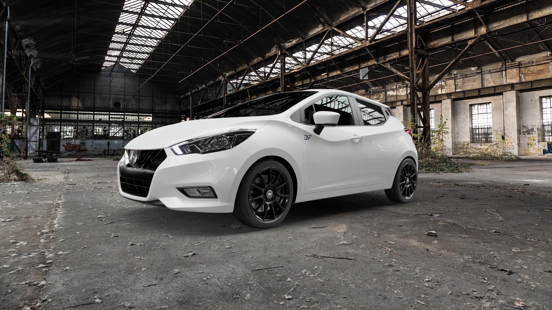 MSW 85 GLOSS BLACK Felge mit Reifen schwarz in 17Zoll Winterfelge Alufelge auf weissem Nissan Micra Typ K14 ⬇️ mit 15mm Tieferlegung ⬇️ Old Industrial Hall_max5000mm_2022 Frontansicht_1