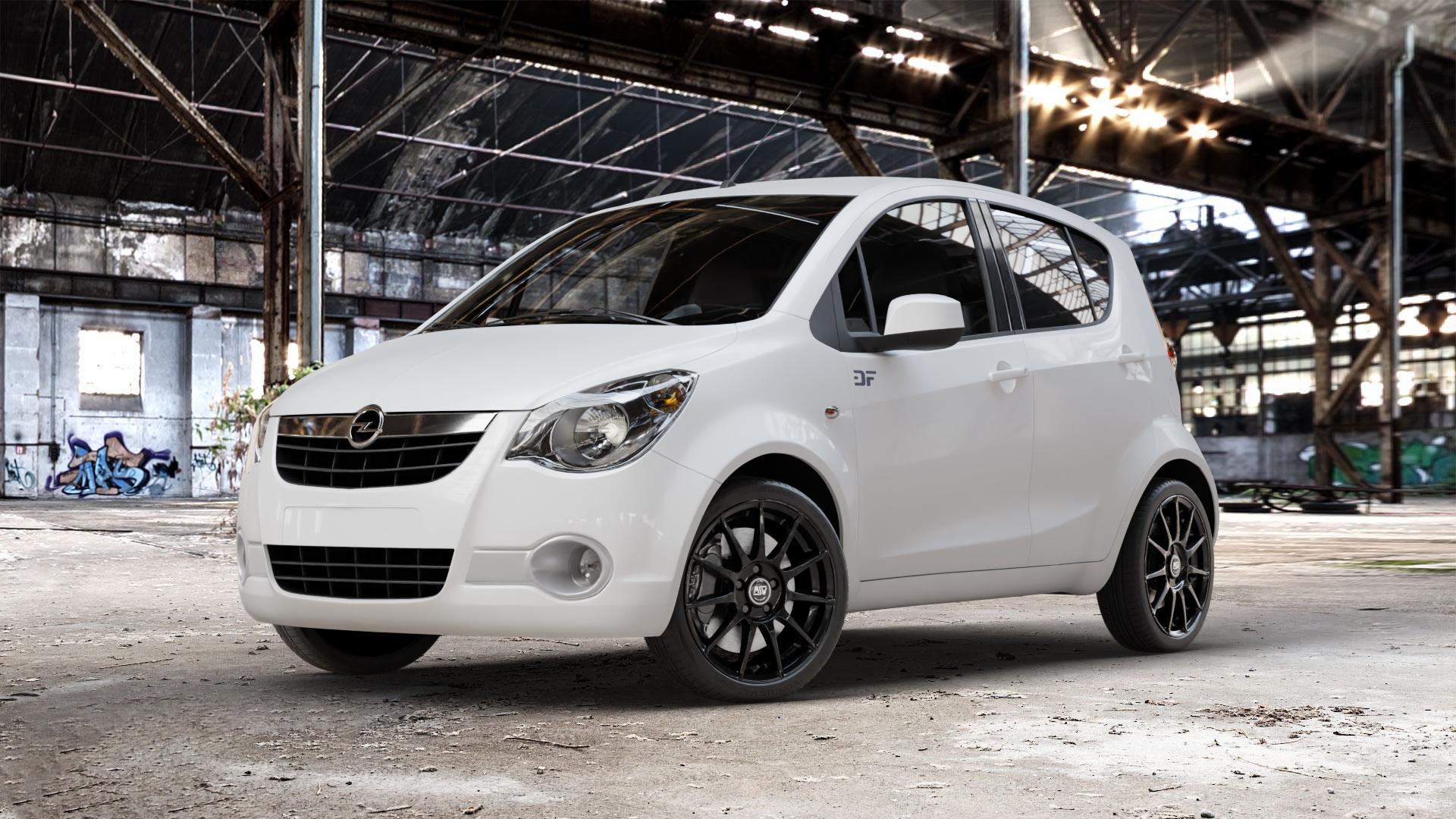 MSW 85 GLOSS BLACK Felge mit Reifen schwarz in 17Zoll Winterfelge Alufelge auf weissem Opel Agila Typ H-B ⬇️ mit 15mm Tieferlegung ⬇️ Old Industrial Hall_max_4400mm_2024 Frontansicht_1