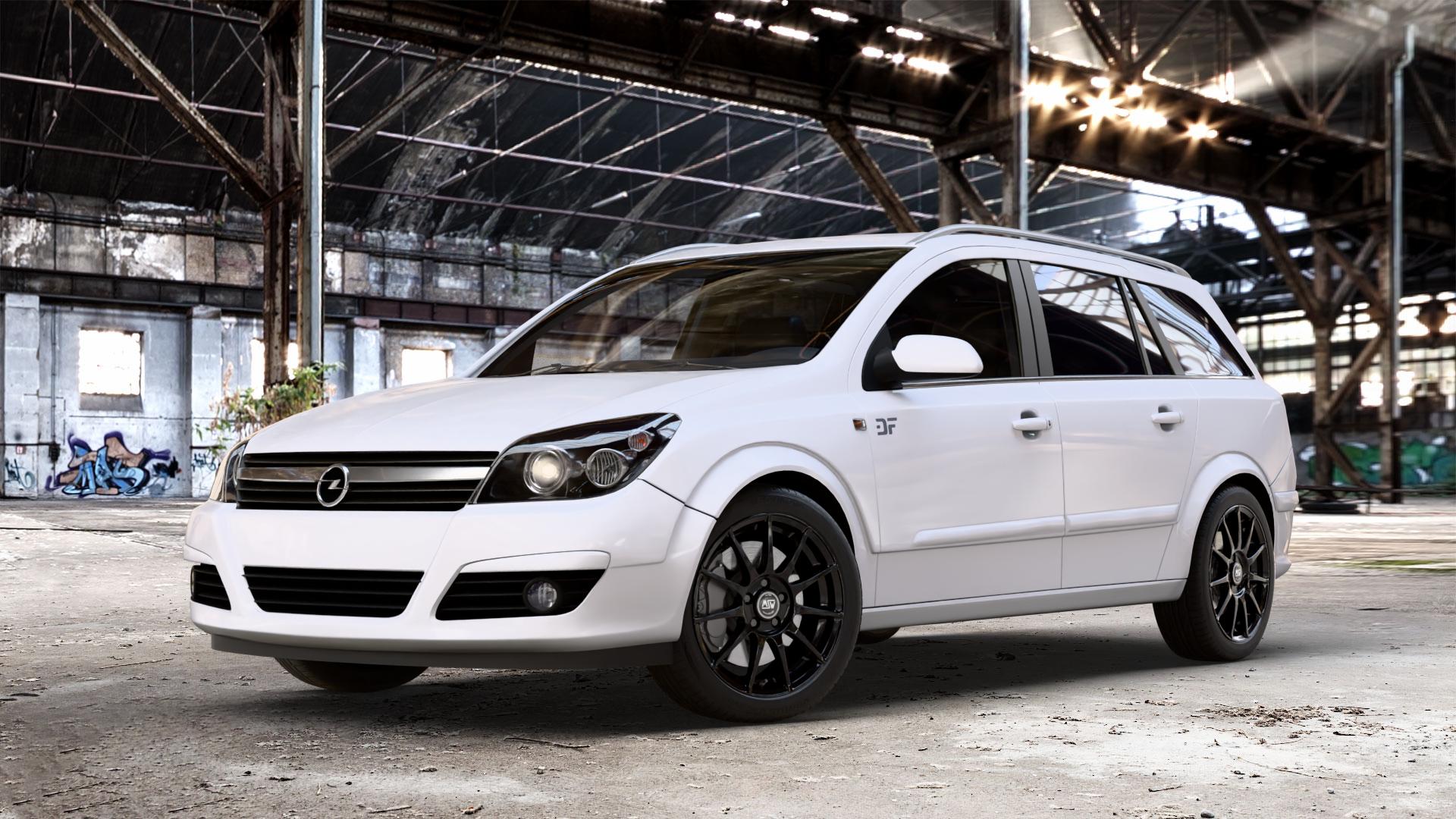 MSW 85 GLOSS BLACK Felge mit Reifen schwarz in 17Zoll Winterfelge Alufelge auf weissem Opel Astra H Typ A-H Caravan A-H/SW ⬇️ mit 15mm Tieferlegung ⬇️ Old Industrial Hall_max_4400mm_2024 Frontansicht_1