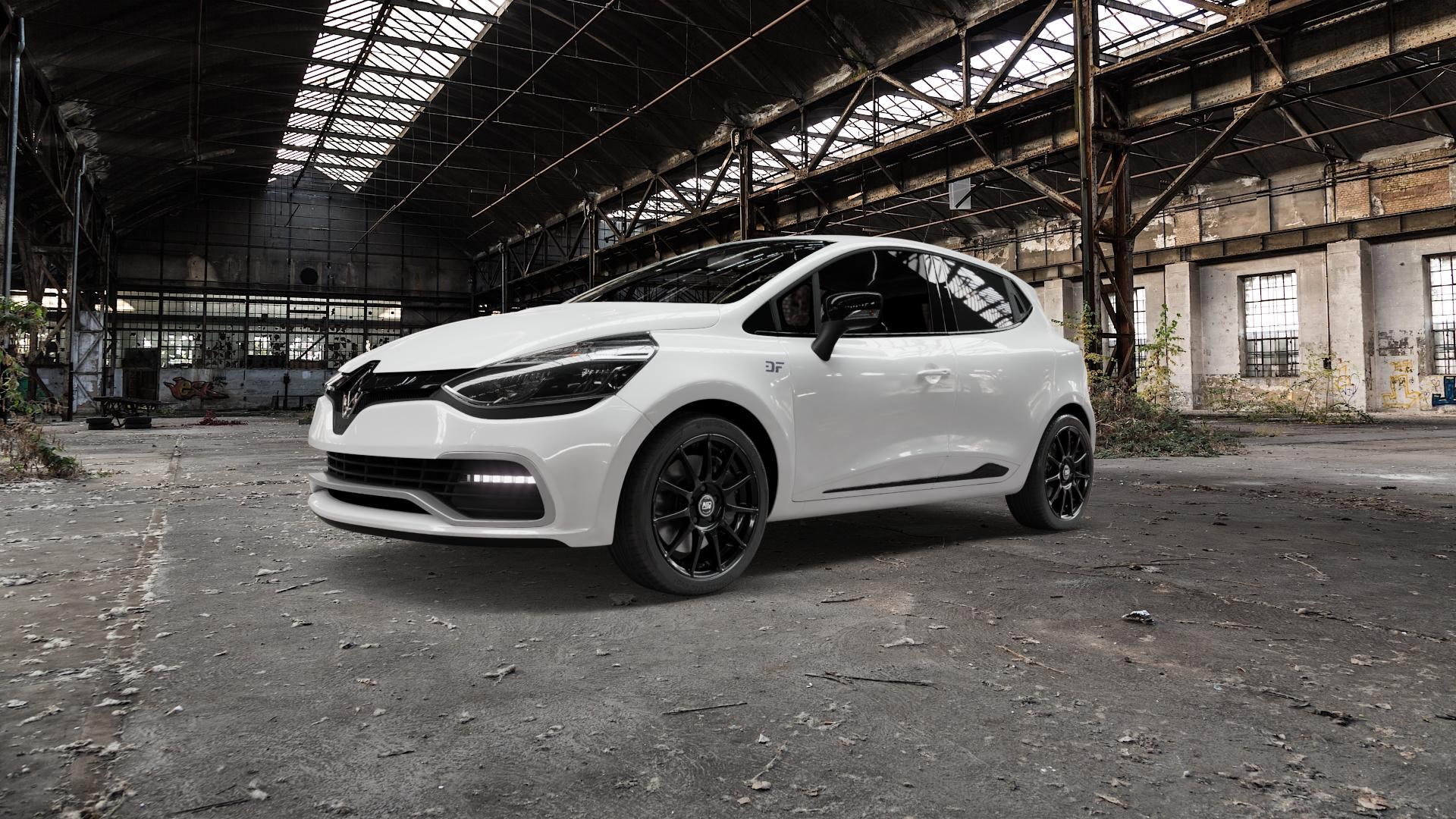 MSW 85 GLOSS BLACK Felge mit Reifen schwarz in 17Zoll Winterfelge Alufelge auf weissem Renault Clio IV Sport Typ R ⬇️ mit 15mm Tieferlegung ⬇️ Old Industrial Hall_max5000mm_2022 Frontansicht_1