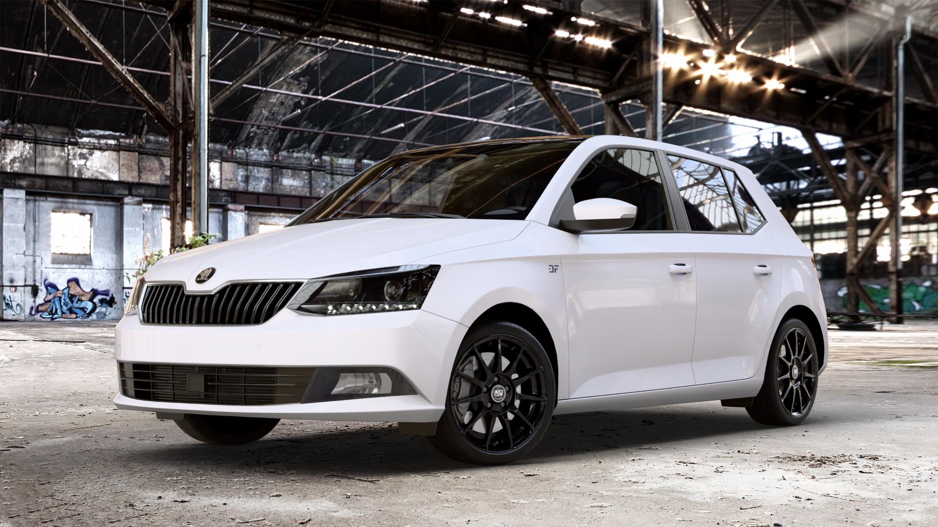MSW 85 GLOSS BLACK Felge mit Reifen schwarz in 17Zoll Winterfelge Alufelge auf weissem Skoda Fabia III Typ 5J ⬇️ mit 15mm Tieferlegung ⬇️ Old Industrial Hall_max_4400mm_2024 Frontansicht_1