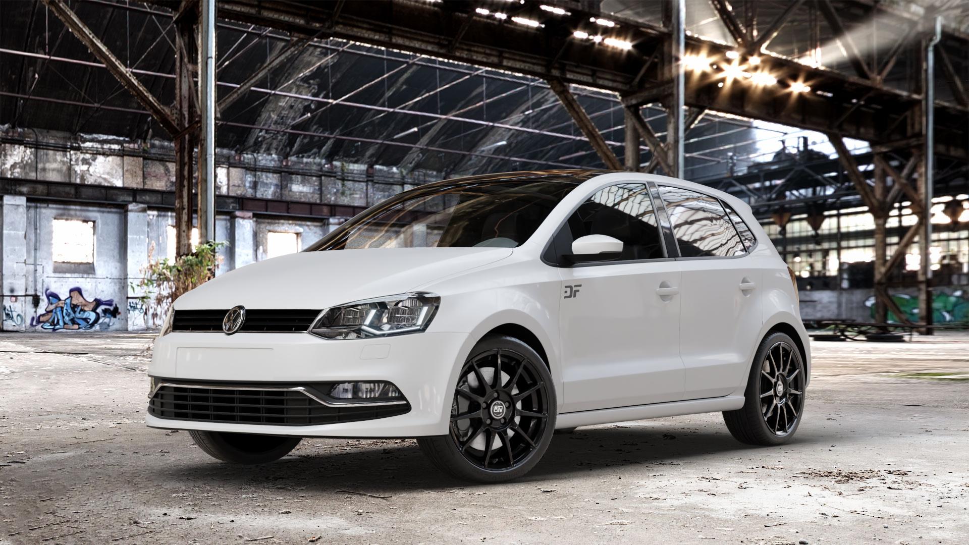 MSW 85 GLOSS BLACK Felge mit Reifen schwarz in 17Zoll Winterfelge Alufelge auf weissem Volkswagen (VW) Polo V Typ 6C ⬇️ mit 15mm Tieferlegung ⬇️ Old Industrial Hall_max_4400mm_2024 Frontansicht_1