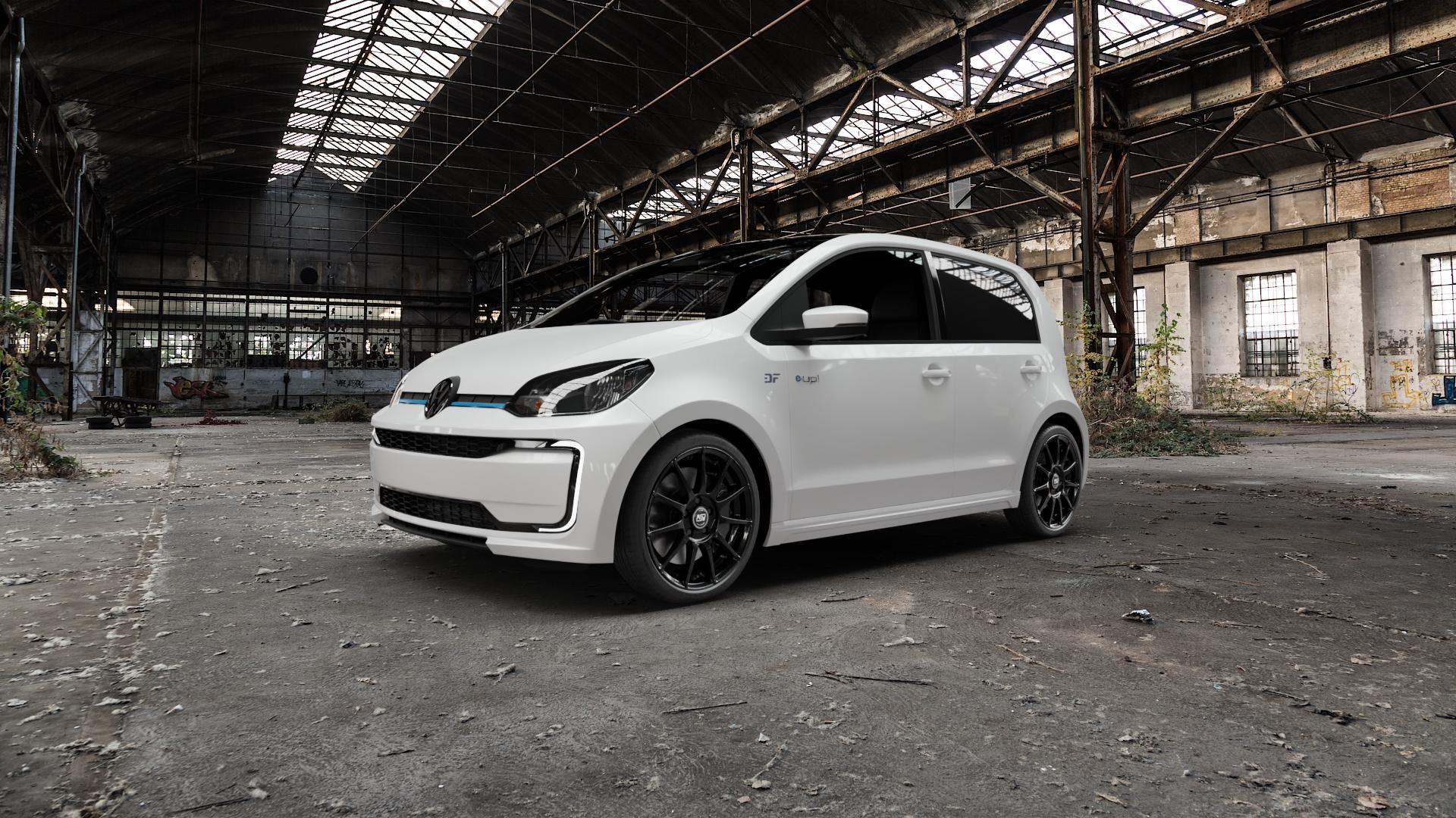 MSW 85 GLOSS BLACK Felge mit Reifen schwarz in 17Zoll Winterfelge Alufelge auf weissem Volkswagen (VW) UP Facelift 0,0l e-UP 60kW (82 PS) 61kW (83 ⬇️ mit 15mm Tieferlegung ⬇️ Old Industrial Hall_max5000mm_2022 Frontansicht_1