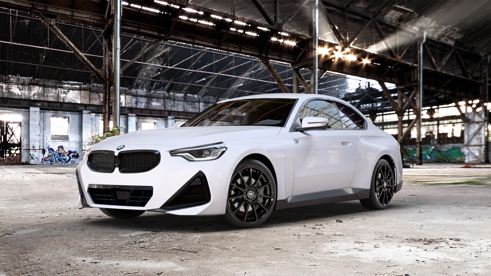 MSW 85 GLOSS BLACK Felge mit Reifen schwarz in 19Zoll Winterfelge Alufelge auf weissem BMW 2er G42 Coupé (G2C) ⬇️ mit 15mm Tieferlegung ⬇️ Old Industrial Hall_max_5300mm_2024 Frontansicht_1