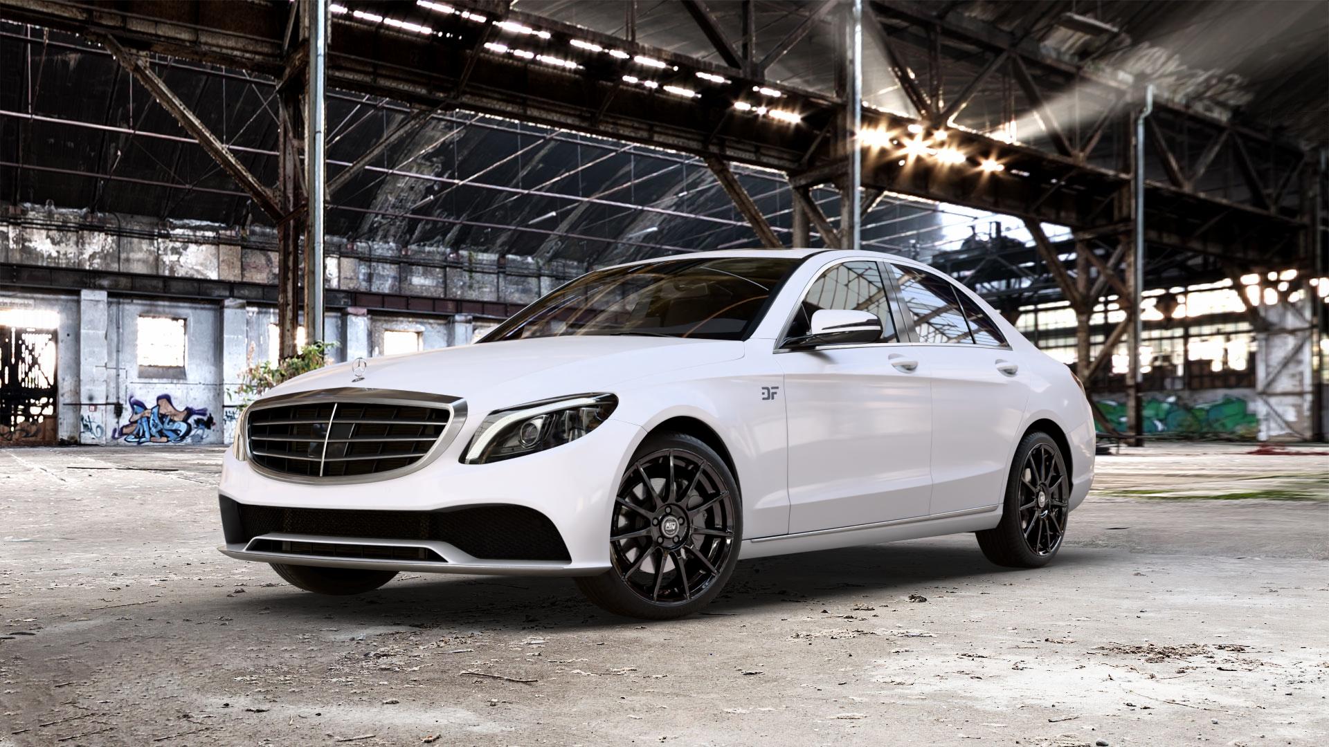 MSW 85 GLOSS BLACK Felge mit Reifen schwarz in 19Zoll Winterfelge Alufelge auf weissem Mercedes C-Klasse Typ W205 Limousine Facelift ⬇️ mit 15mm Tieferlegung ⬇️ Old Industrial Hall_max_5300mm_2024 Frontansicht_1