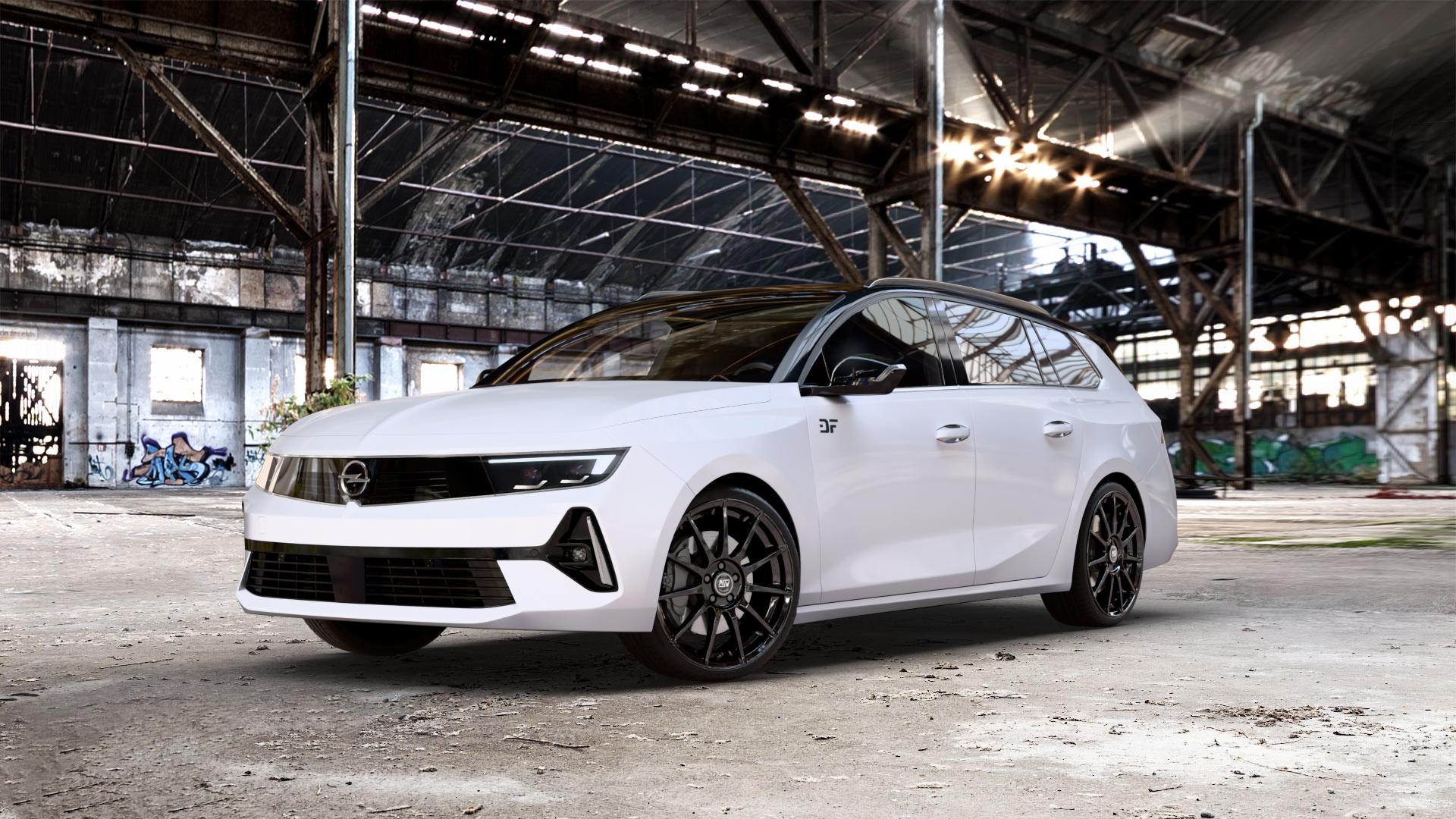 MSW 85 GLOSS BLACK Felge mit Reifen schwarz in 19Zoll Winterfelge Alufelge auf weissem Opel Astra L Sports Tourer Typ F Facelift ⬇️ mit 15mm Tieferlegung ⬇️ Old Industrial Hall_max_5300mm_2024 Frontansicht_1