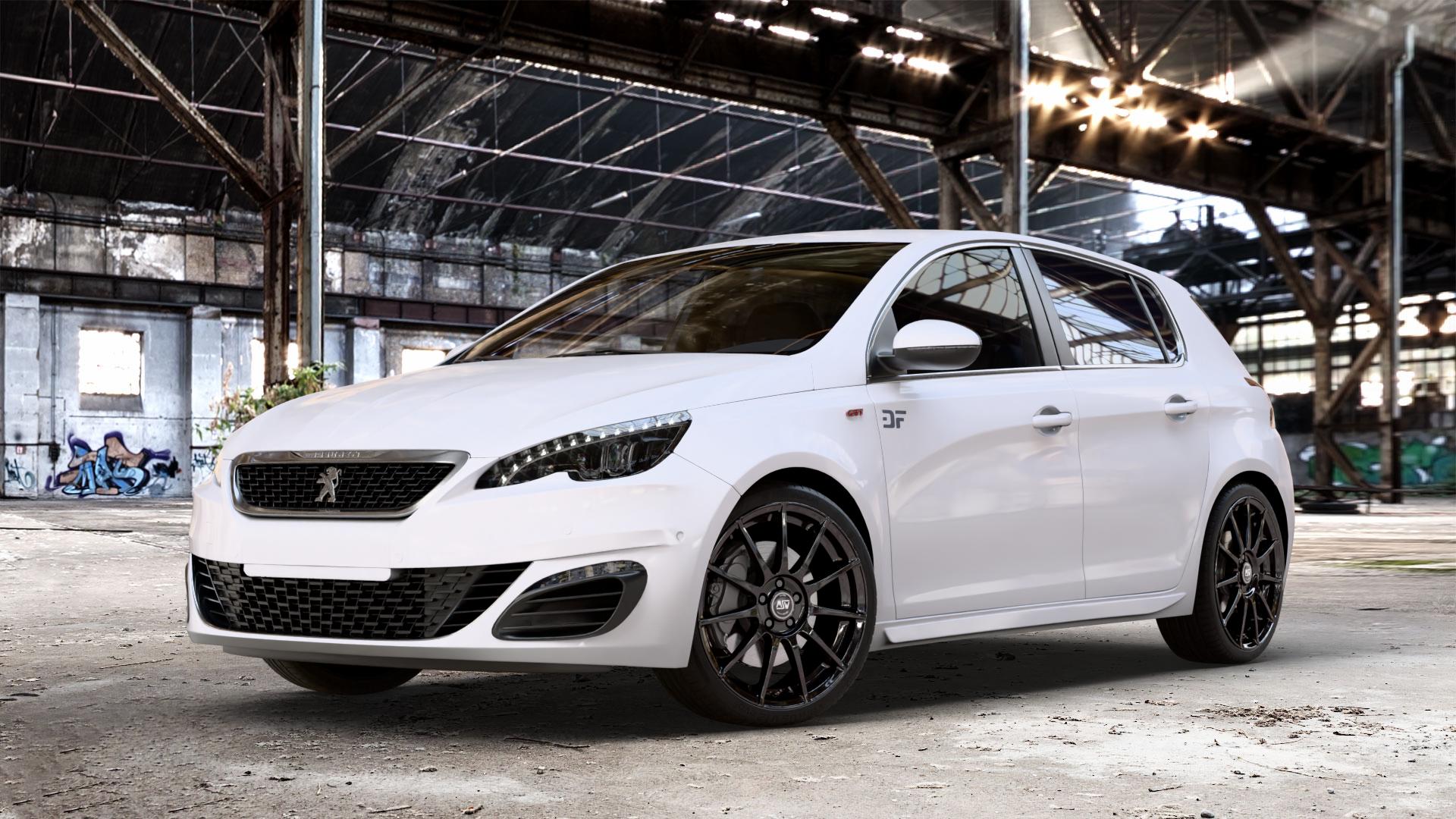 MSW 85 GLOSS BLACK Felge mit Reifen schwarz in 19Zoll Winterfelge Alufelge auf weissem Peugeot 308 II Typ L Facelift ⬇️ mit 15mm Tieferlegung ⬇️ Old Industrial Hall_max_4400mm_2024 Frontansicht_1