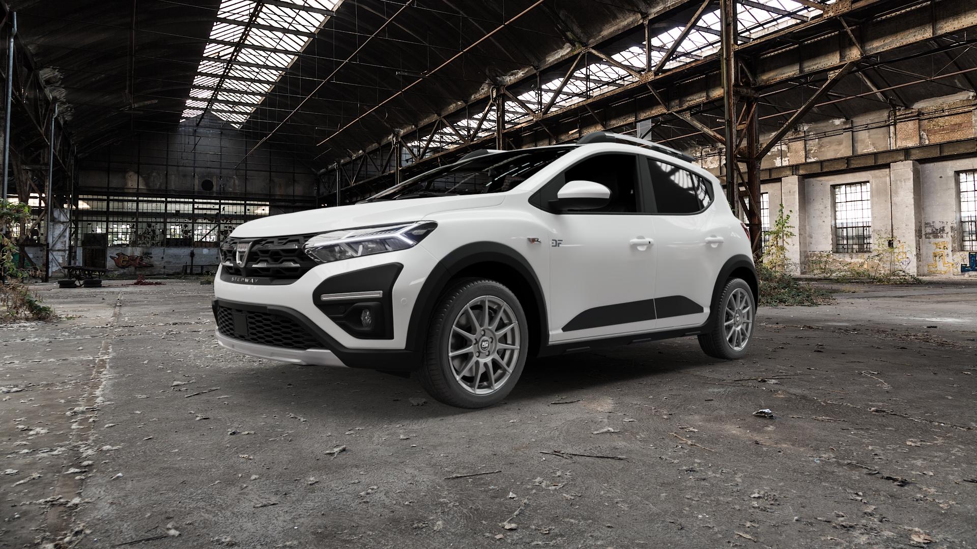 MSW 85 MATT GRAPHITE Felge mit Reifen grau in 17Zoll Winterfelge Alufelge auf weissem Dacia Sandero Stepway III Typ DJF ⬇️ mit 15mm Tieferlegung ⬇️ Old Industrial Hall_max5000mm_2022 Frontansicht_1