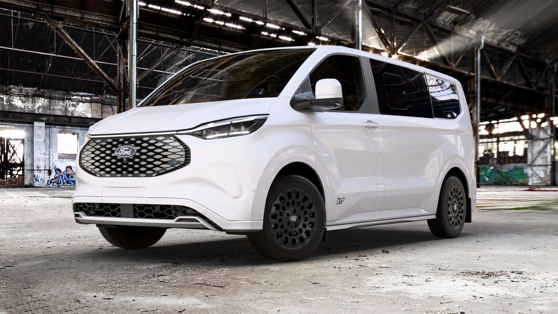 MSW 99 MATT BLACK Felge mit Reifen schwarz schwarz matt in 17Zoll Winterfelge Alufelge auf weissem Ford Tourneo Custom Typ NXN 0,0l 85kW e-Tourneo (116 PS) ⬇️ mit 15mm Tieferlegung ⬇️ Old Industrial Hall_max_5300mm_2024 Frontansicht_1