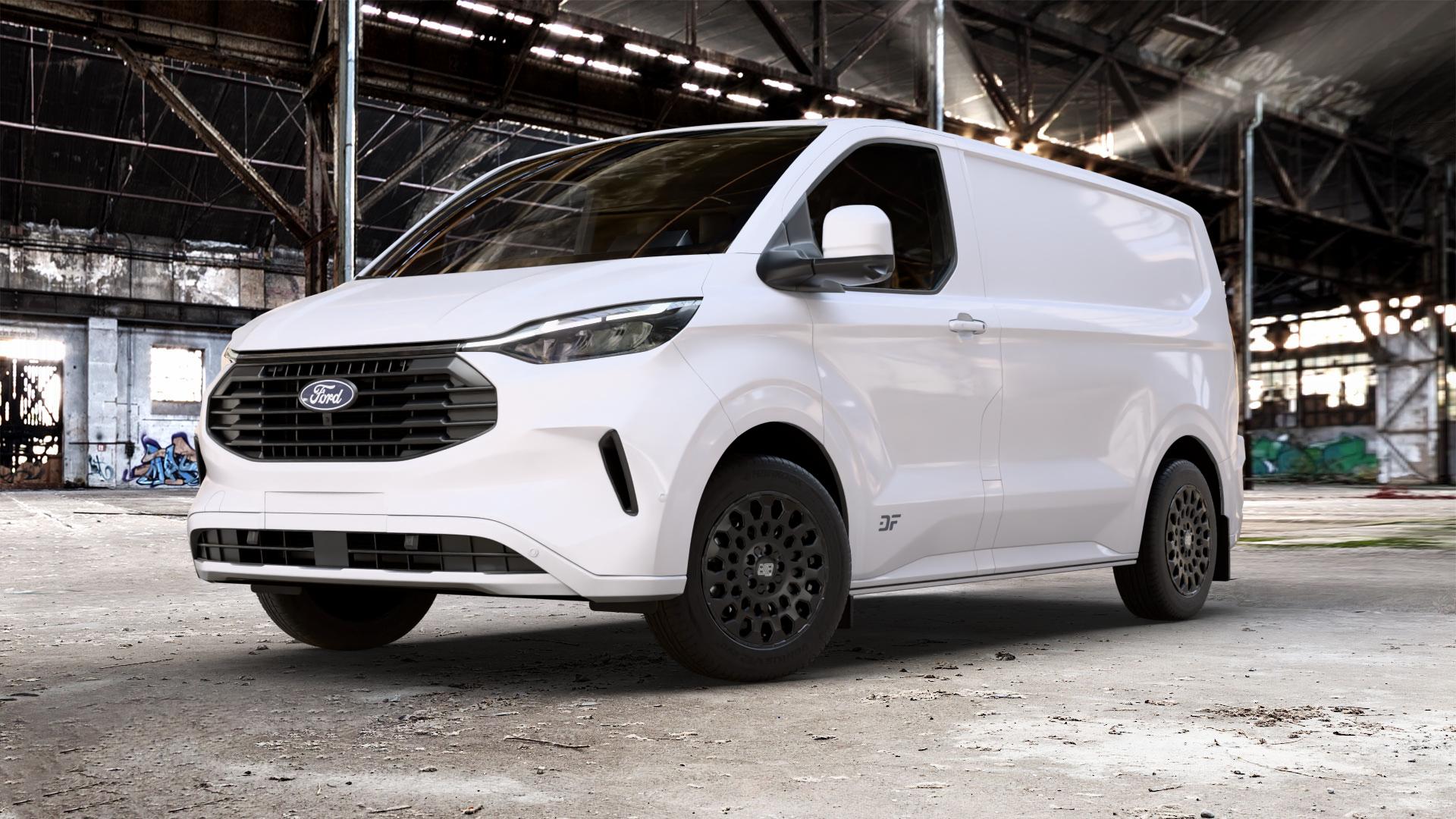 MSW 99 MATT BLACK Felge mit Reifen schwarz schwarz matt in 17Zoll Winterfelge Alufelge auf weissem Ford Transit Custom Typ NRN ⬇️ mit 15mm Tieferlegung ⬇️ Old Industrial Hall_max_5300mm_2024 Frontansicht_1