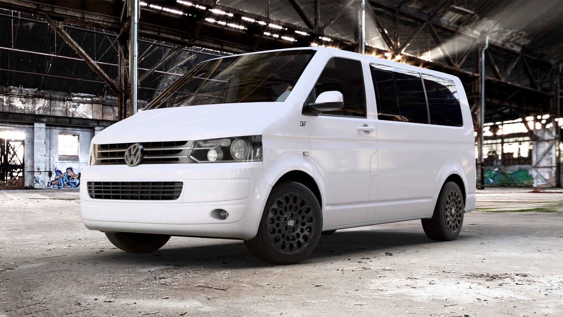 MSW 99 MATT BLACK Felge mit Reifen schwarz schwarz matt in 17Zoll Winterfelge Alufelge auf weissem Volkswagen (VW) T5 Caravelle 2,0l TDI 62kW (84 PS) 84kW (114 103kW (140 75kW (102 100kW (136 132kW (179 TSI 150kW (204 110kW (150 4Motion Kombi Multivan ⬇️ mit 15mm Tieferlegung ⬇️ Old Industrial Hall_max_5300mm_2024 Frontansicht_1