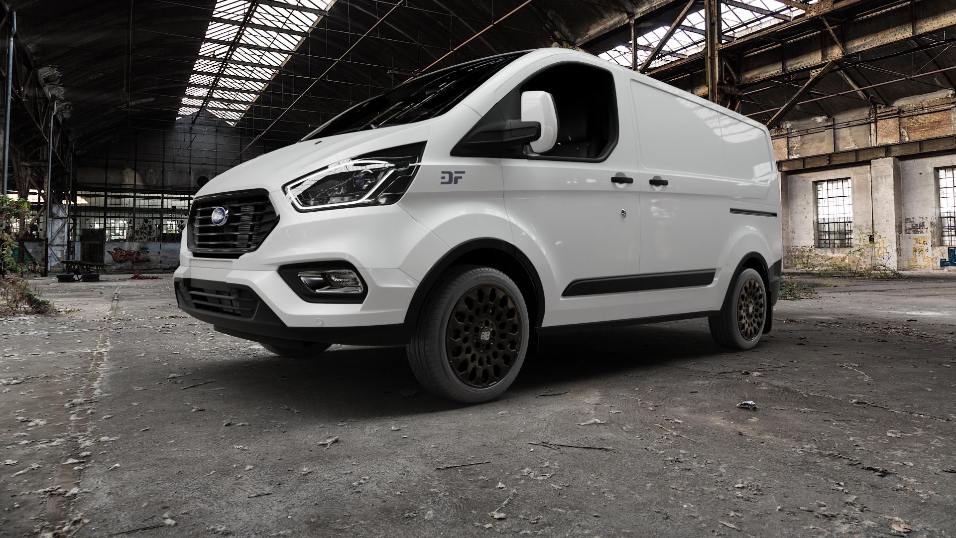 MSW 99 MATT BLACK Felge mit Reifen schwarz schwarz matt in 18Zoll Winterfelge Alufelge auf weissem Ford Transit Custom Typ FCC Facelift (18->) ⬇️ mit 15mm Tieferlegung ⬇️ Old Industrial Hall_max5000mm_2022 Frontansicht_1