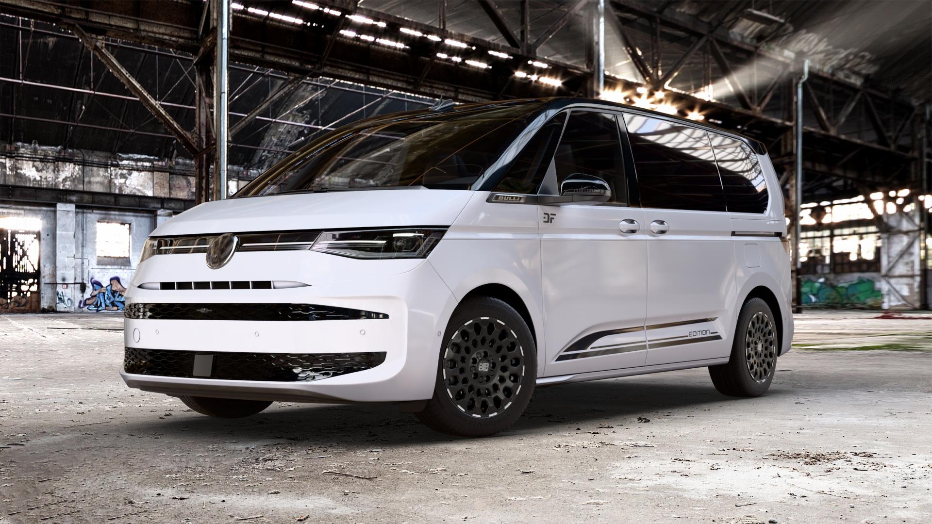 MSW 99 MATT BLACK LIP POLISHED Felge mit Reifen schwarz schwarz matt poliertes Felgenhorn in 17Zoll Winterfelge Alufelge auf weissem und schwarzem Volkswagen (VW) T7 Multivan Bus ⬇️ mit 15mm Tieferlegung ⬇️ Old Industrial Hall_max_5300mm_2024 Frontansicht_1