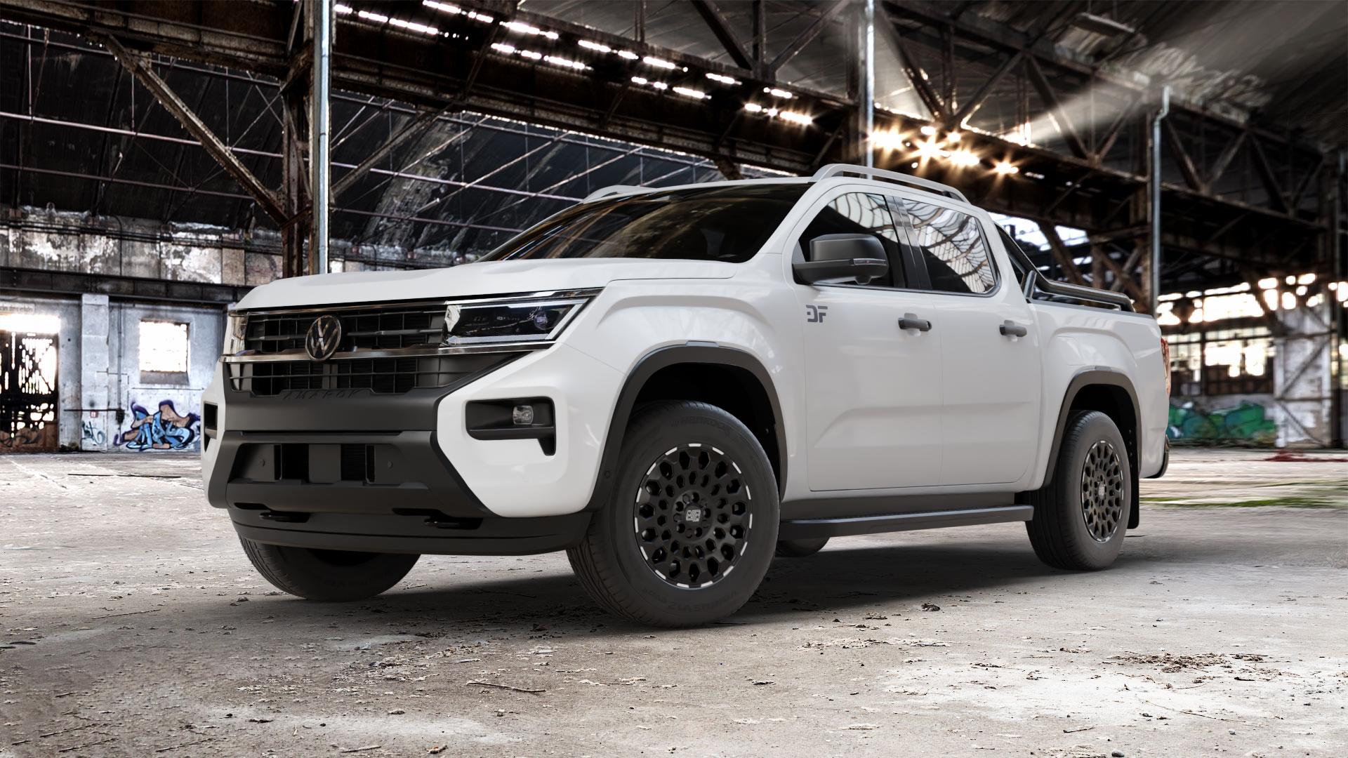 MSW 99 MATT BLACK LIP POLISHED Felge mit Reifen schwarz schwarz matt poliertes Felgenhorn in 17Zoll Winterfelge Alufelge auf weissem Volkswagen (VW) Amarok II Typ T1 ⬇️ mit 15mm Tieferlegung ⬇️ Old Industrial Hall_max_5300mm_2024 Frontansicht_1