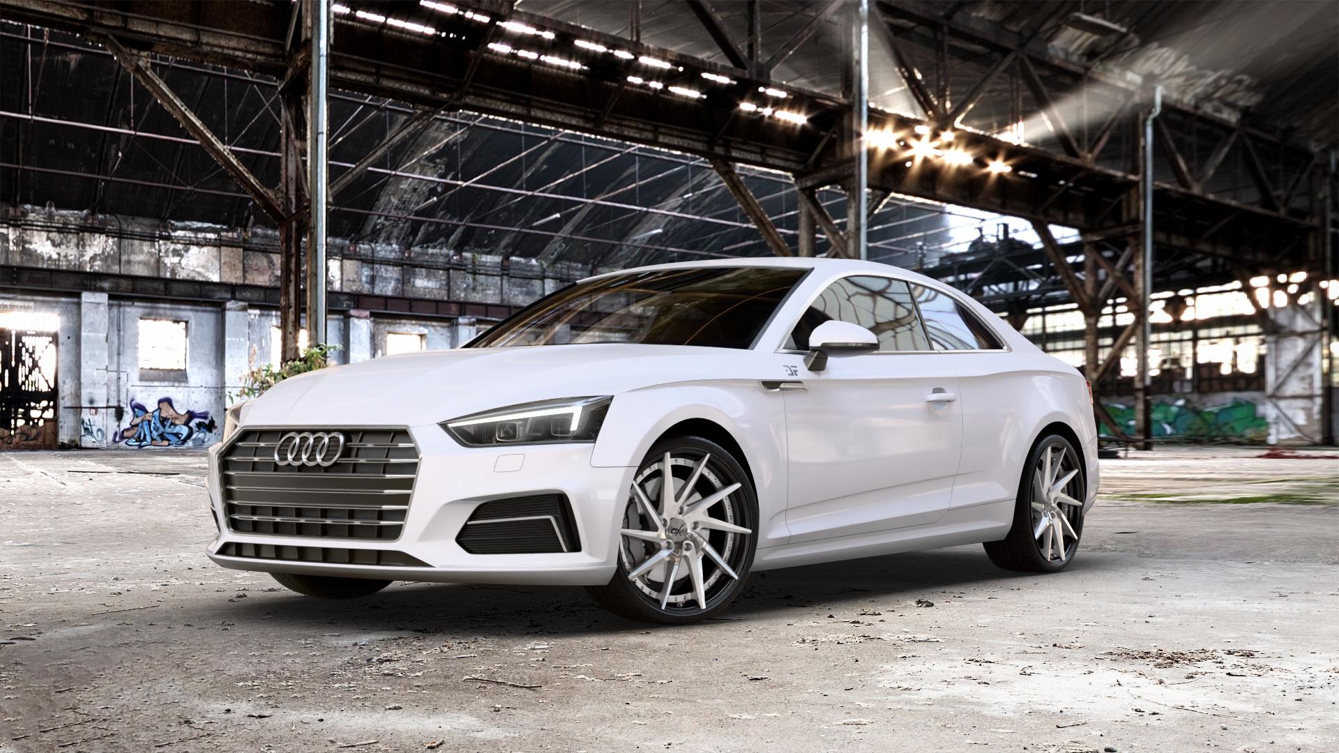 OXFORGED MP1 silver brush, lip polish Felge mit Reifen silber in 20Zoll Alufelge auf weissem Audi A5 Typ B9 (Coupé) ⬇️ mit 15mm Tieferlegung ⬇️ Old Industrial Hall_max_5300mm_2024 Frontansicht_1