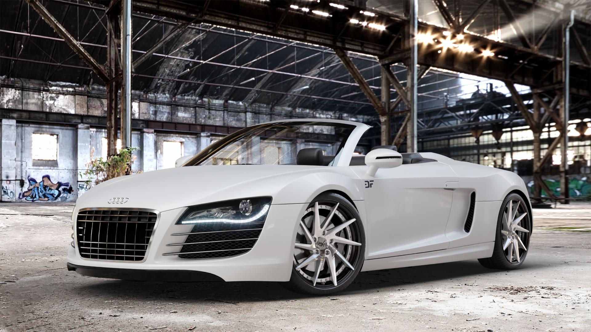 OXFORGED MP1 silver brush, lip polish Felge mit Reifen silber in 20Zoll Alufelge auf weissem Audi R8 Spyder Typ 42 Facelift 12-> ⬇️ mit 15mm Tieferlegung ⬇️ Old Industrial Hall_max_4400mm_2024 Frontansicht_1