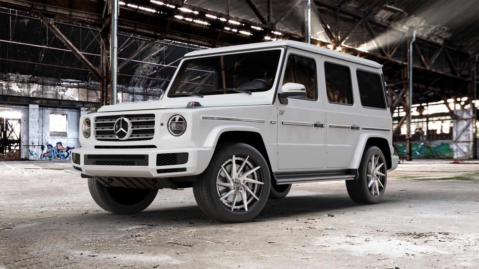 OXFORGED MP1 silver brush, lip polish Felge mit Reifen silber in 20Zoll Alufelge auf weissem Mercedes G-Klasse Typ W463 Facelift (18->) ⬇️ mit 15mm Tieferlegung ⬇️ Old Industrial Hall_max_5300mm_2024 Frontansicht_1