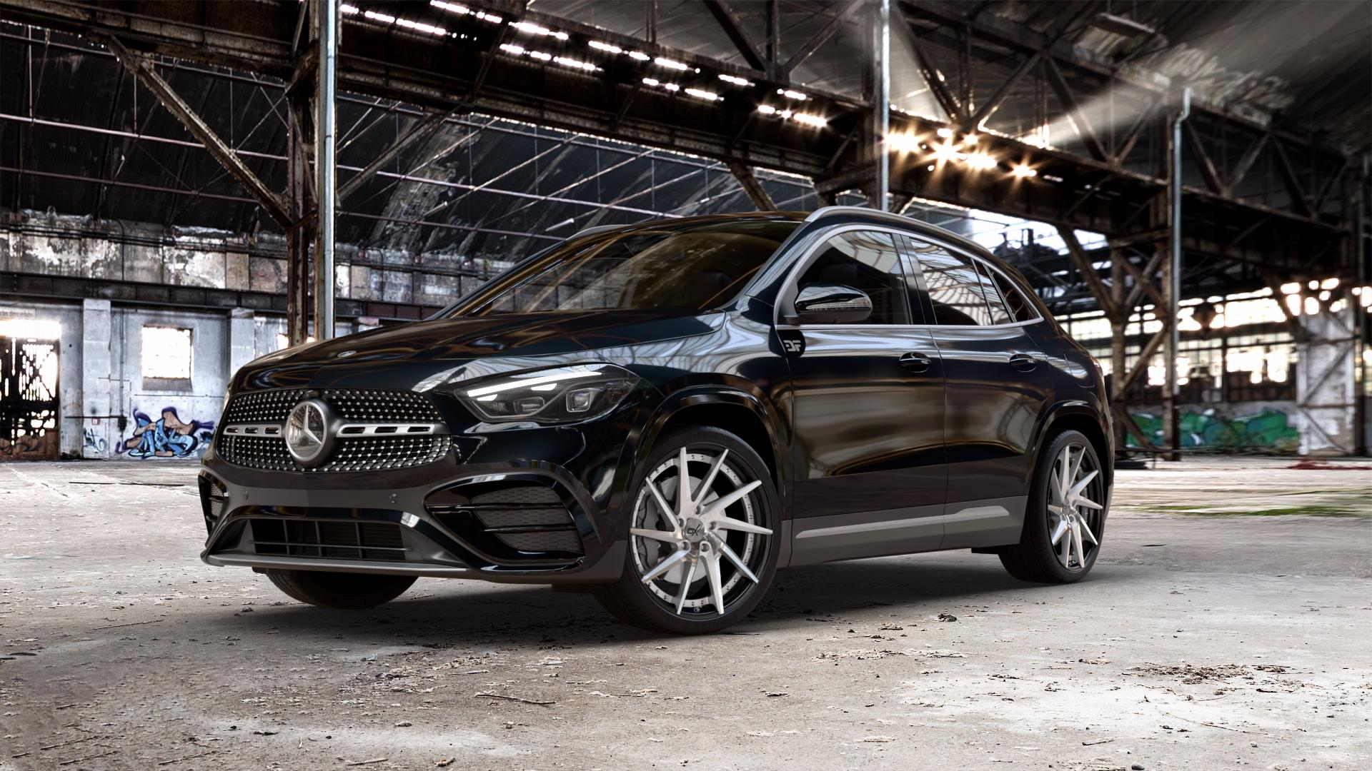 OXFORGED MP1 silver brush, lip polish Felge mit Reifen silber in 21Zoll Alufelge auf schwarzem metallic Mercedes GLA-Klasse Typ F2B Facelift ⬇️ mit 15mm Tieferlegung ⬇️ Old Industrial Hall_max_5300mm_2024 Frontansicht_1