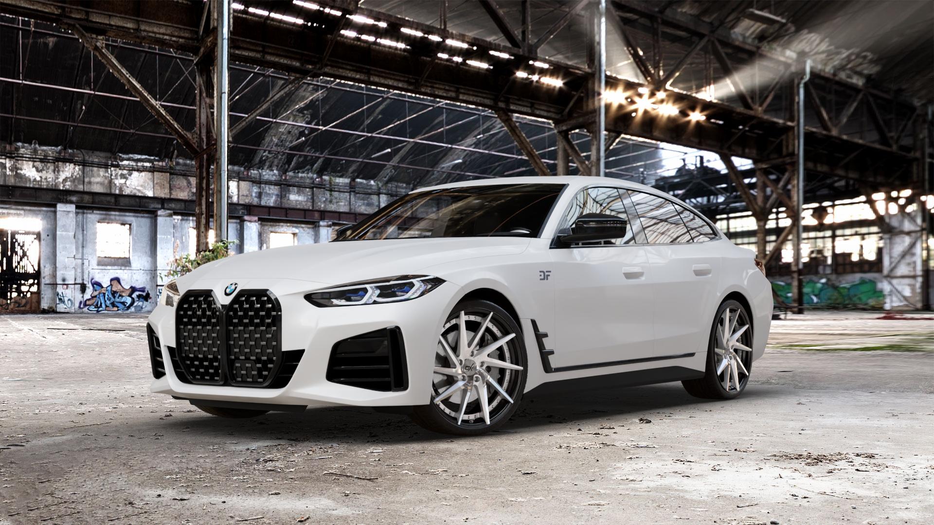 OXFORGED MP1 silver brush, lip polish Felge mit Reifen silber in 21Zoll Alufelge auf weissem BMW 4er G26 Gran Coupe (G4C) ⬇️ mit 15mm Tieferlegung ⬇️ Old Industrial Hall_max_5300mm_2024 Frontansicht_1