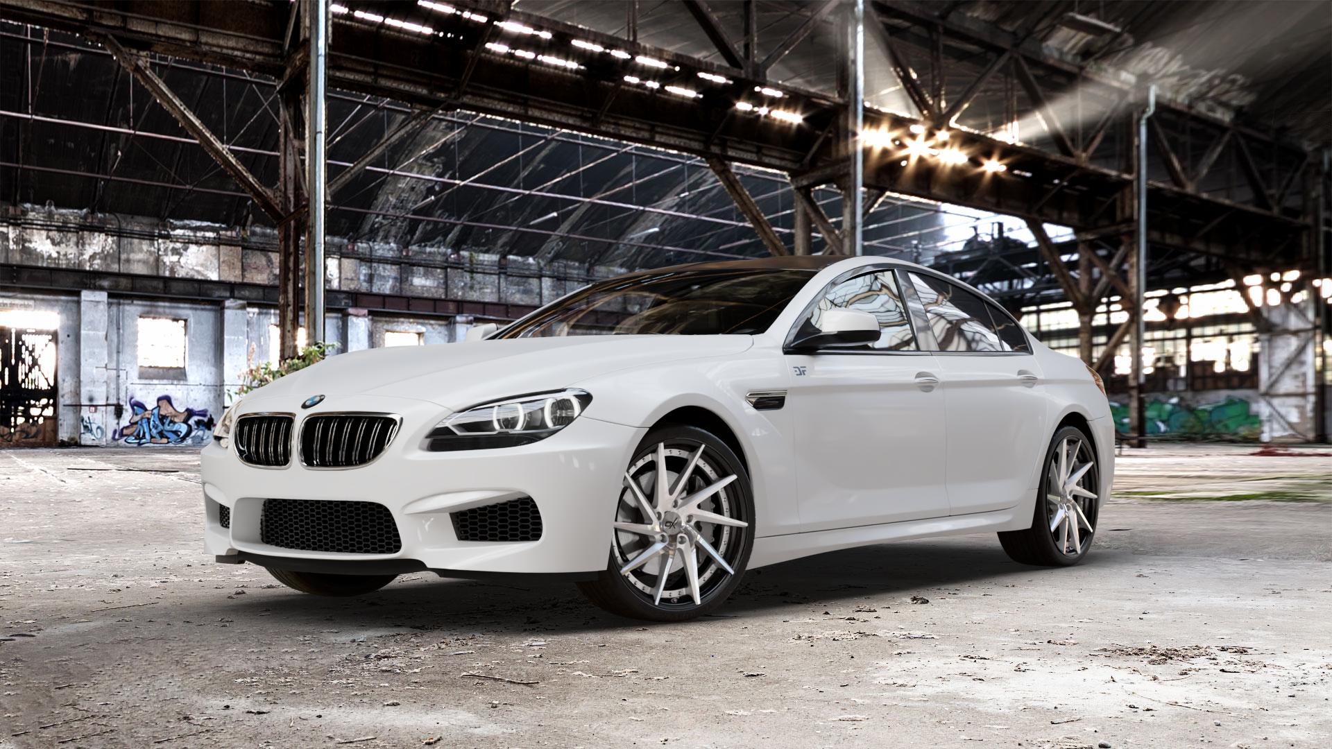 OXFORGED MP1 silver brush, lip polish Felge mit Reifen silber in 21Zoll Alufelge auf weissem BMW M6 Gran Coupe Typ F06 4,4l 412kW (560 PS) 423kW Competition (575 441kW Edition 30 (600 ⬇️ mit 15mm Tieferlegung ⬇️ Old Industrial Hall_max_5300mm_2024 Frontansicht_1
