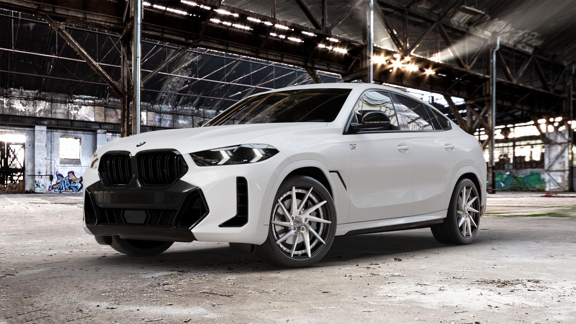 OXFORGED MP1 silver brush, lip polish Felge mit Reifen silber in 21Zoll Alufelge auf weissem BMW X6 Typ G06 (G6X) Facelift ⬇️ mit 15mm Tieferlegung ⬇️ Old Industrial Hall_max_5300mm_2024 Frontansicht_1