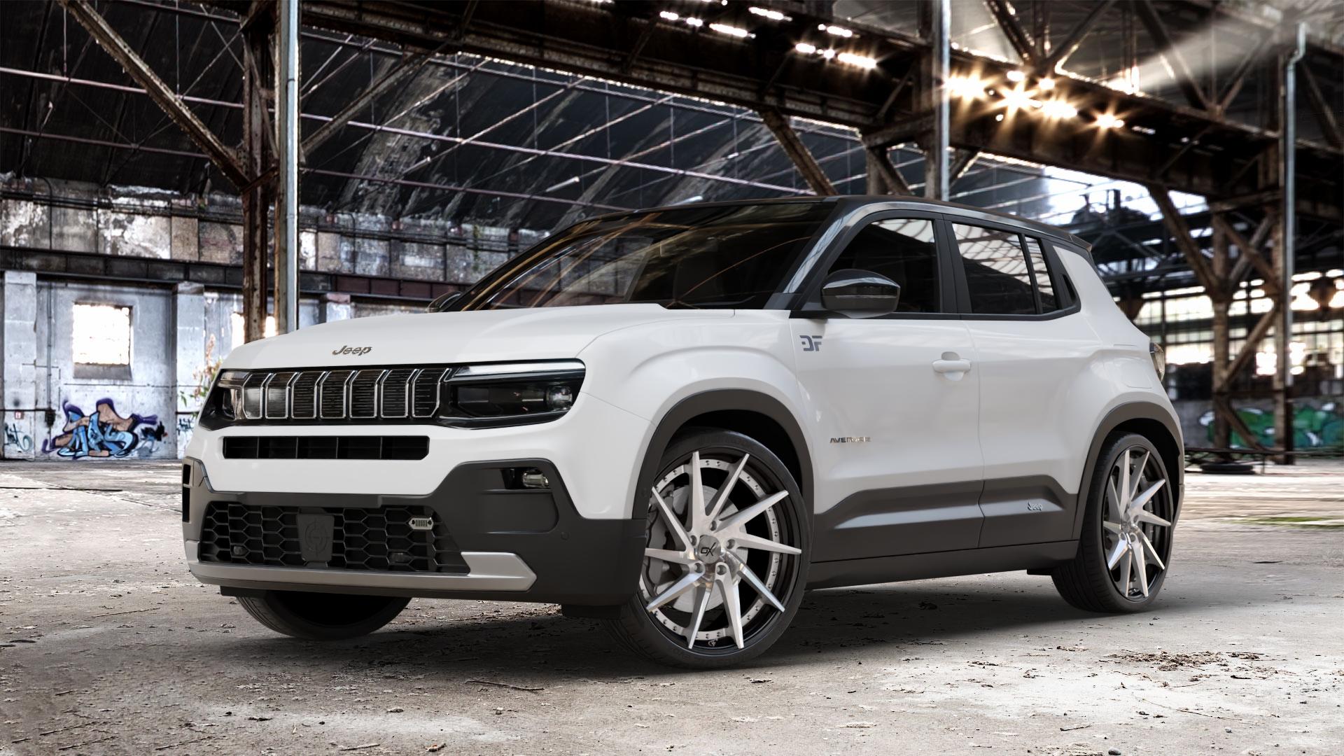 OXFORGED MP1 silver brush, lip polish Felge mit Reifen silber in 21Zoll Alufelge auf weissem Jeep Avenger Typ FH1 ⬇️ mit 15mm Tieferlegung ⬇️ Old Industrial Hall_max_4400mm_2024 Frontansicht_1