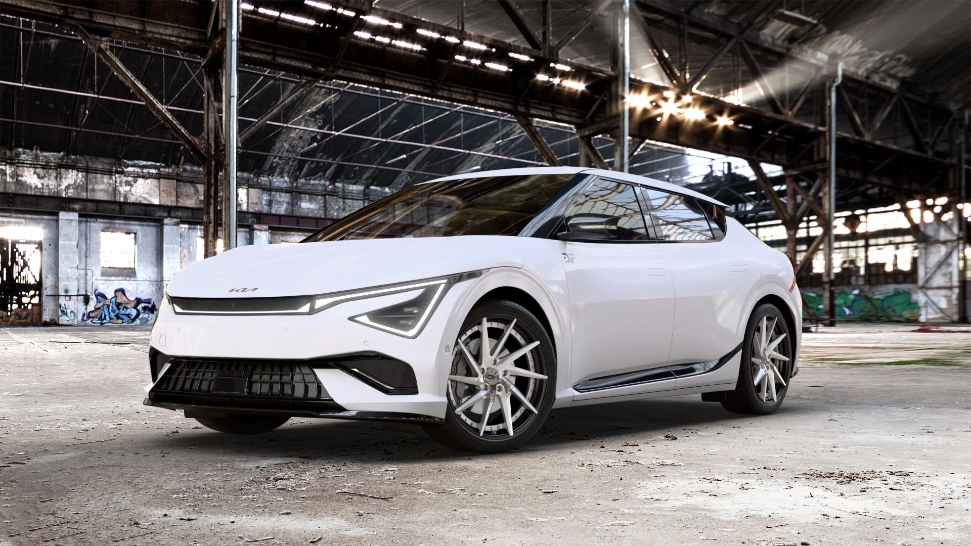 OXFORGED MP1 silver brush, lip polish Felge mit Reifen silber in 21Zoll Alufelge auf weissem Kia EV6 Typ CV Facelift 0,0l GT AWD 159kW (216 PS) ⬇️ mit 15mm Tieferlegung ⬇️ Old Industrial Hall_max_5300mm_2024 Frontansicht_1