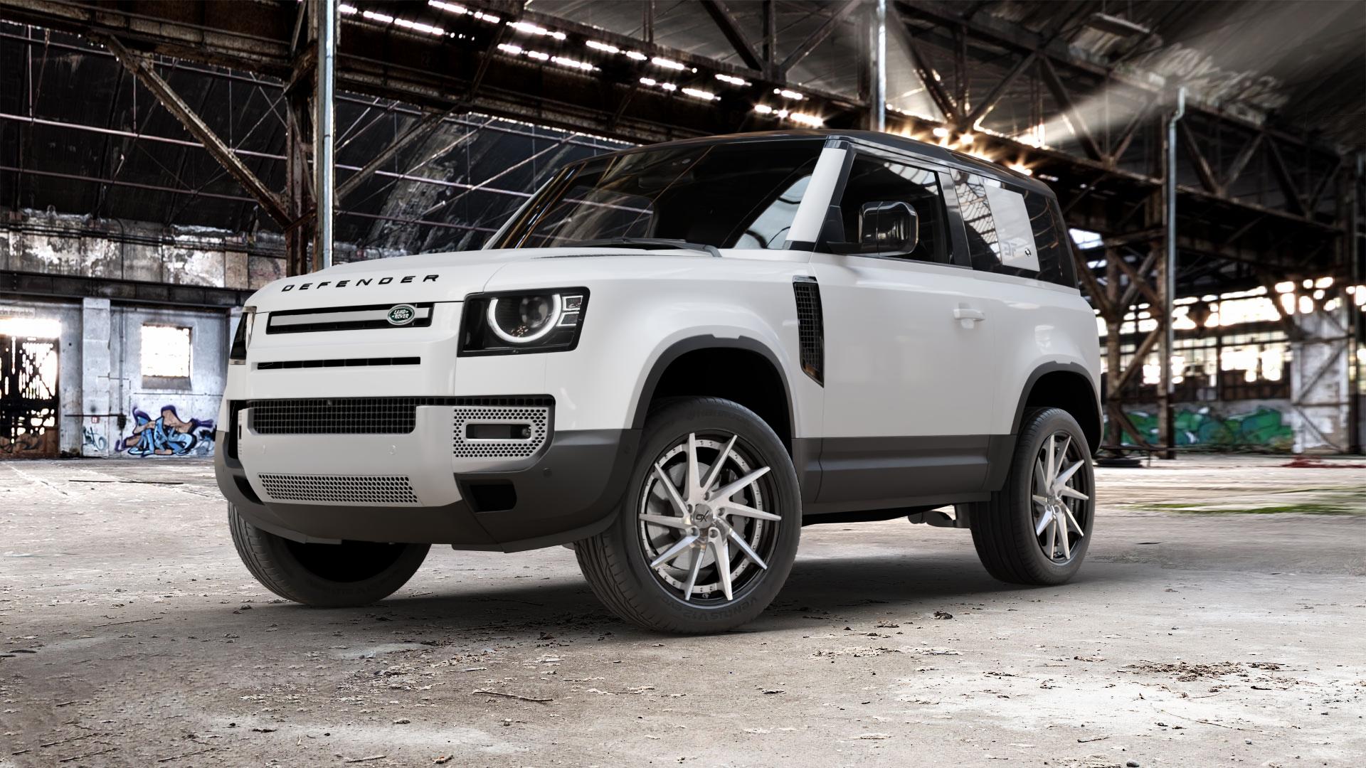 OXFORGED MP1 silver brush, lip polish Felge mit Reifen silber in 21Zoll Alufelge auf weissem Land Rover Defender 90 Typ LE ⬇️ mit 15mm Tieferlegung ⬇️ Old Industrial Hall_max_5300mm_2024 Frontansicht_1