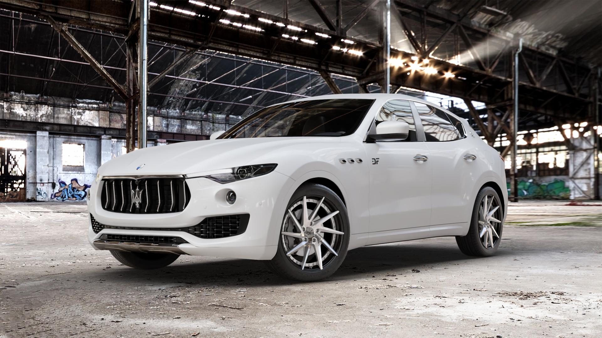 OXFORGED MP1 silver brush, lip polish Felge mit Reifen silber in 21Zoll Alufelge auf weissem Maserati Levante Typ M156 ⬇️ mit 15mm Tieferlegung ⬇️ Old Industrial Hall_max_5300mm_2024 Frontansicht_1