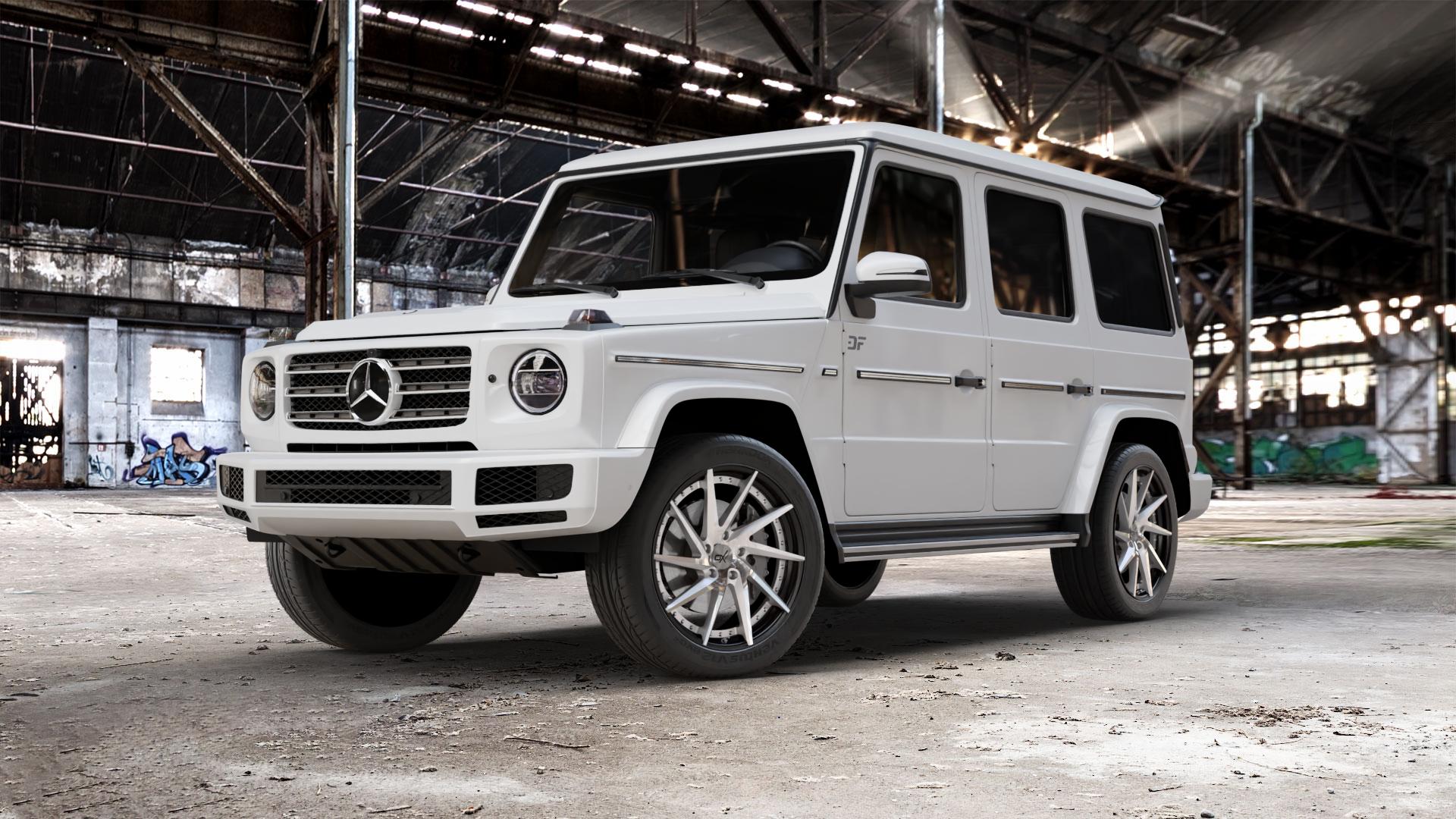 OXFORGED MP1 silver brush, lip polish Felge mit Reifen silber in 21Zoll Alufelge auf weissem Mercedes G-Klasse Typ W463 Facelift (18->) ⬇️ mit 15mm Tieferlegung ⬇️ Old Industrial Hall_max_5300mm_2024 Frontansicht_1