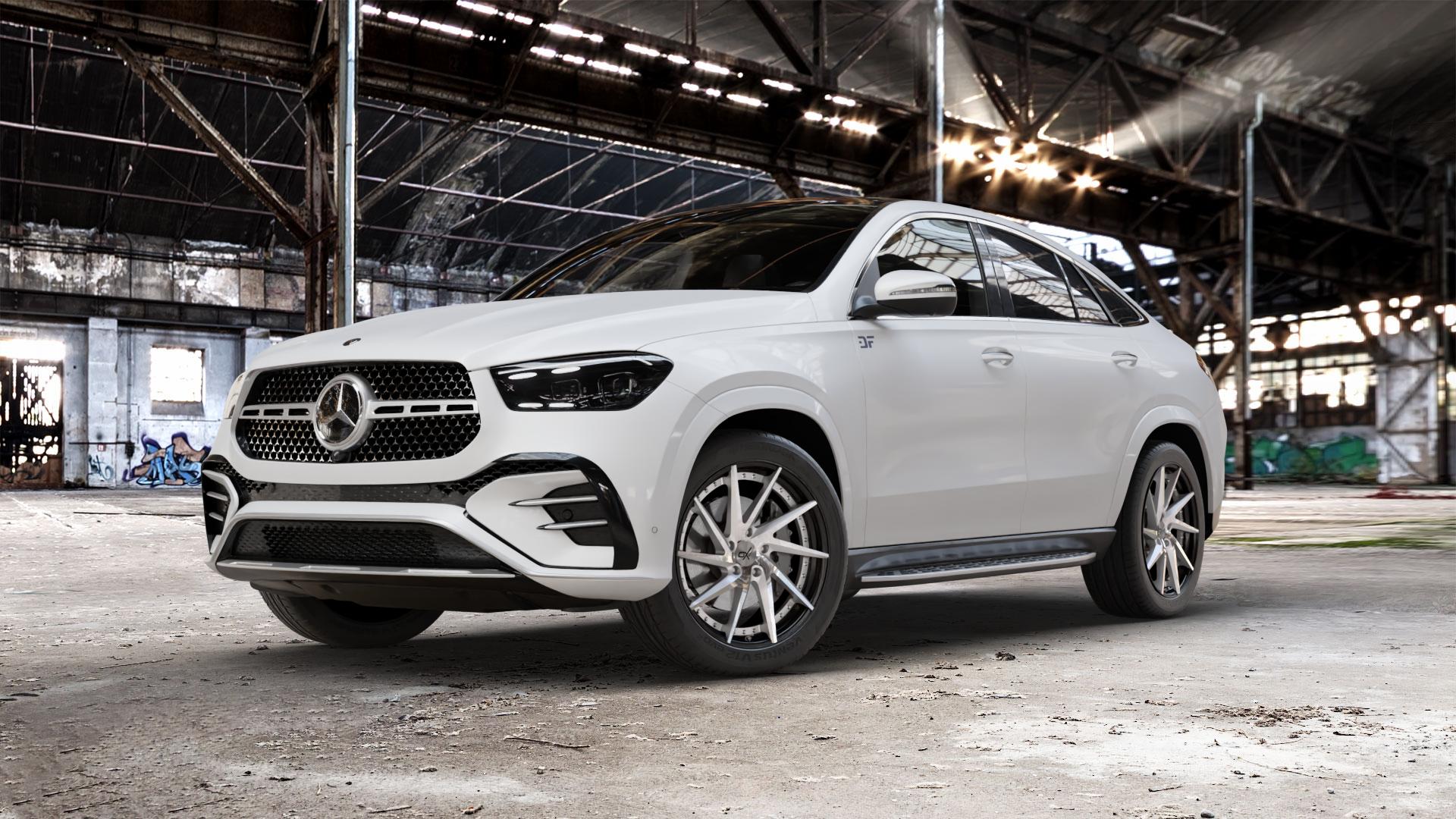 OXFORGED MP1 silver brush, lip polish Felge mit Reifen silber in 21Zoll Alufelge auf weissem Mercedes GLE-Klasse Coupe Typ V167 (H1GLE) Facelift ⬇️ mit 15mm Tieferlegung ⬇️ Old Industrial Hall_max_5300mm_2024 Frontansicht_1