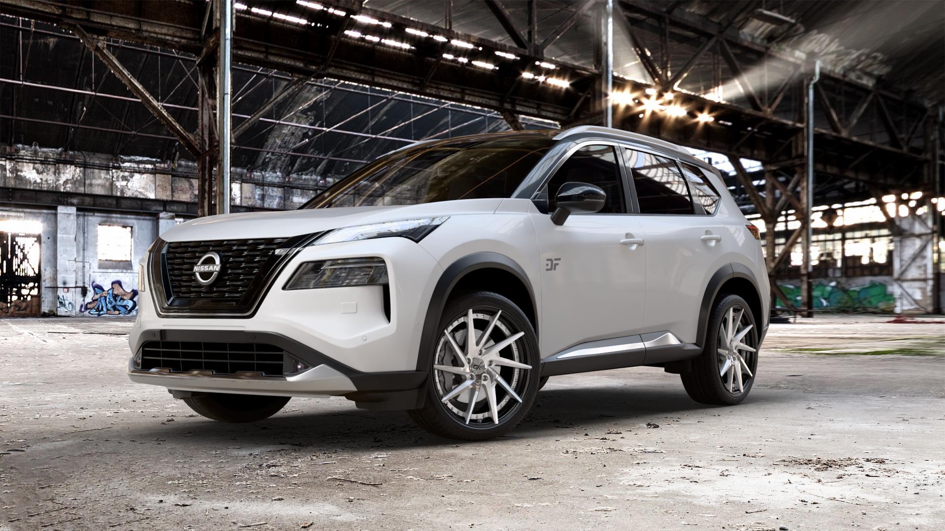 OXFORGED MP1 silver brush, lip polish Felge mit Reifen silber in 21Zoll Alufelge auf weissem Nissan X-Trail Typ T33 ⬇️ mit 15mm Tieferlegung ⬇️ Old Industrial Hall_max_5300mm_2024 Frontansicht_1