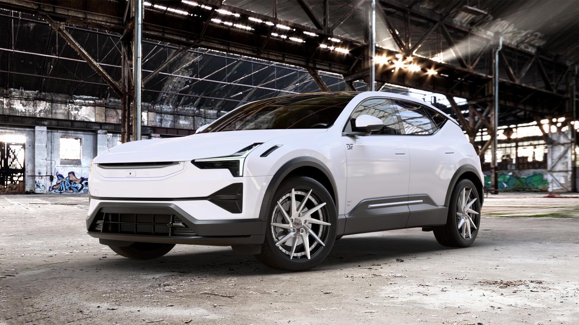 OXFORGED MP1 silver brush, lip polish Felge mit Reifen silber in 21Zoll Alufelge auf weissem Polestar 3 0,0l 132kW (179 PS) 238kW AWD (324 252kW (343 ⬇️ mit 15mm Tieferlegung ⬇️ Old Industrial Hall_max_5300mm_2024 Frontansicht_1