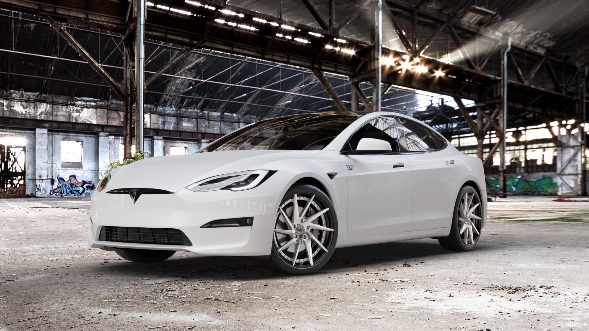 OXFORGED MP1 silver brush, lip polish Felge mit Reifen silber in 21Zoll Alufelge auf weissem Tesla Model S Typ 004 ⬇️ mit 15mm Tieferlegung ⬇️ Old Industrial Hall_max_5300mm_2024 Frontansicht_1