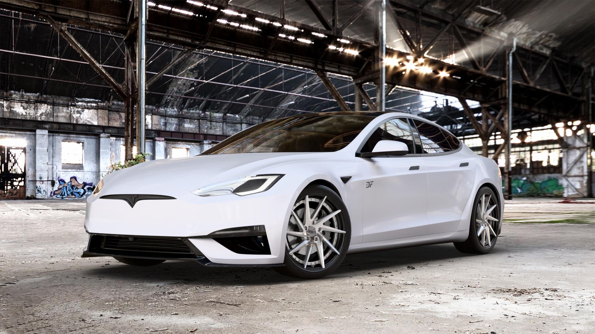 OXFORGED MP1 silver brush, lip polish Felge mit Reifen silber in 21Zoll Alufelge auf weissem Tesla Model S Typ 006 0,0l 357kW Plaid AWD (485 PS) ⬇️ mit 15mm Tieferlegung ⬇️ Old Industrial Hall_max_5300mm_2024 Frontansicht_1