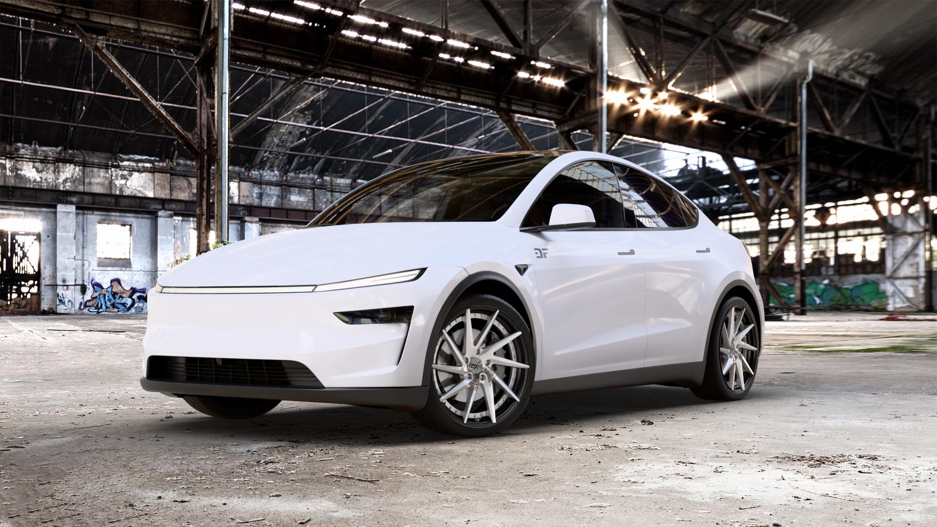 OXFORGED MP1 silver brush, lip polish Felge mit Reifen silber in 21Zoll Alufelge auf weissem Tesla Model Y Typ 003 Facelift 003/005 ⬇️ mit 15mm Tieferlegung ⬇️ Old Industrial Hall_max_5300mm_2024 Frontansicht_1