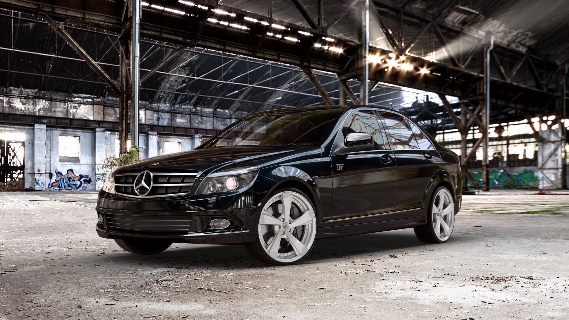 OXFORGED MP2 silver brush, lip polish Felge mit Reifen silber in 20Zoll Alufelge auf schwarzem metallic Mercedes C-Klasse Typ W204 Limousine ⬇️ mit 15mm Tieferlegung ⬇️ Old Industrial Hall_max_5300mm_2024 Frontansicht_1