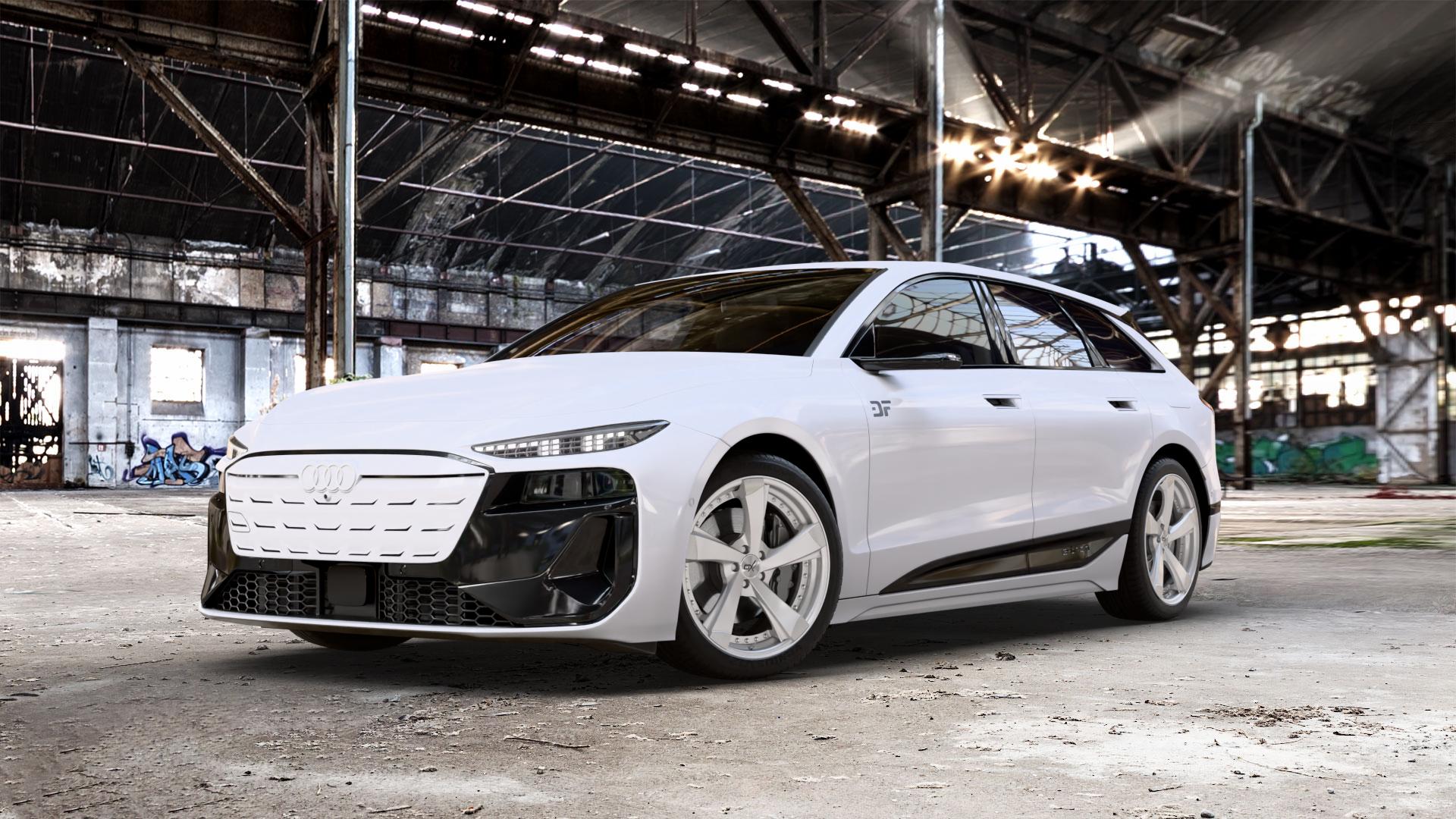 OXFORGED MP2 silver brush, lip polish Felge mit Reifen silber in 20Zoll Alufelge auf weissem Audi A6 e-tron Typ GH (Avant) 0,0l Performance 120kW (163 PS) S6 138kW (188 100kW (136 quattro ⬇️ mit 15mm Tieferlegung ⬇️ Old Industrial Hall_max_5300mm_2024 Frontansicht_1