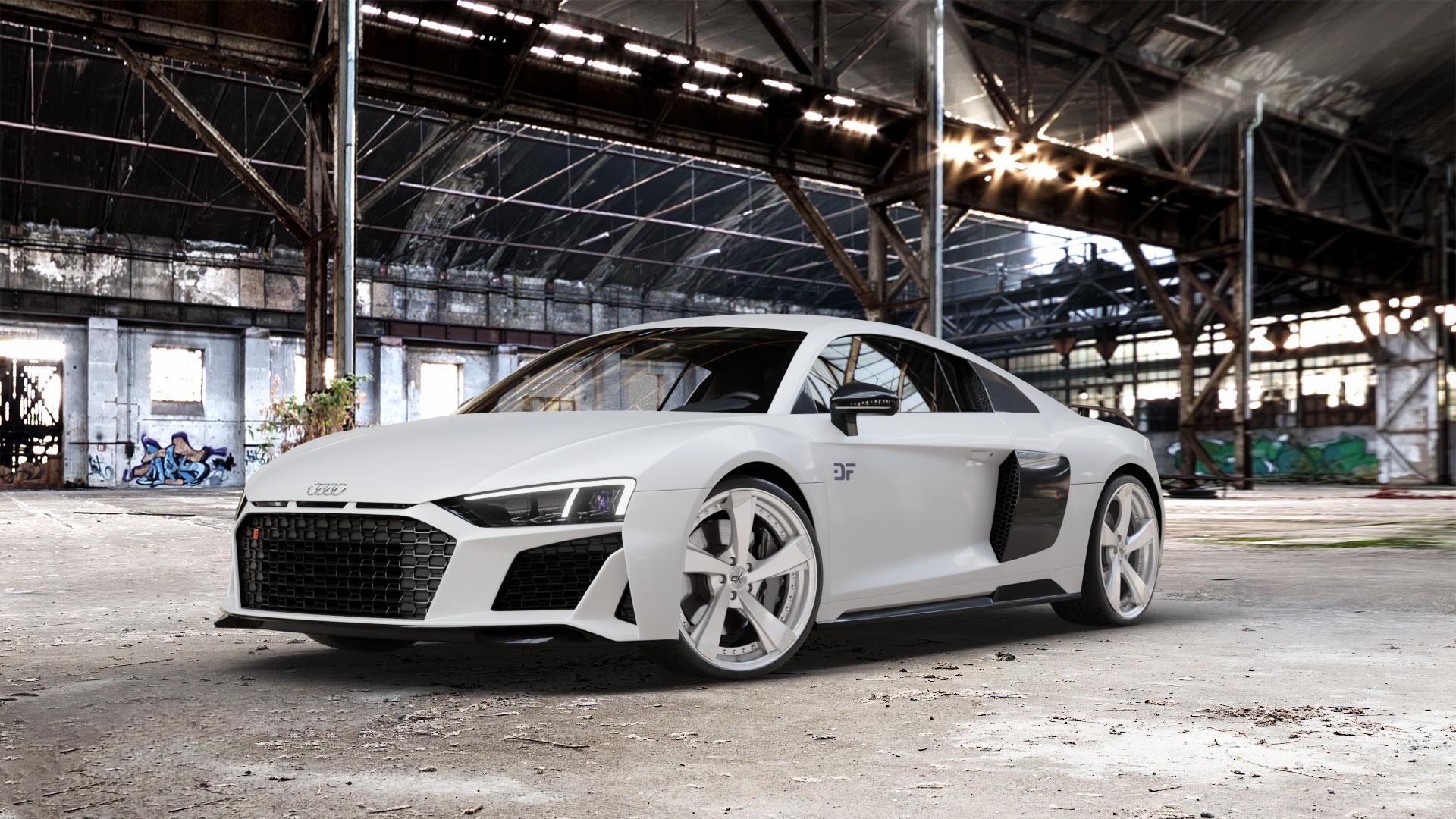 OXFORGED MP2 silver brush, lip polish Felge mit Reifen silber in 20Zoll Alufelge auf weissem Audi R8 Typ 4S Facelift 19-> ⬇️ mit 15mm Tieferlegung ⬇️ Old Industrial Hall_max_5300mm_2024 Frontansicht_1