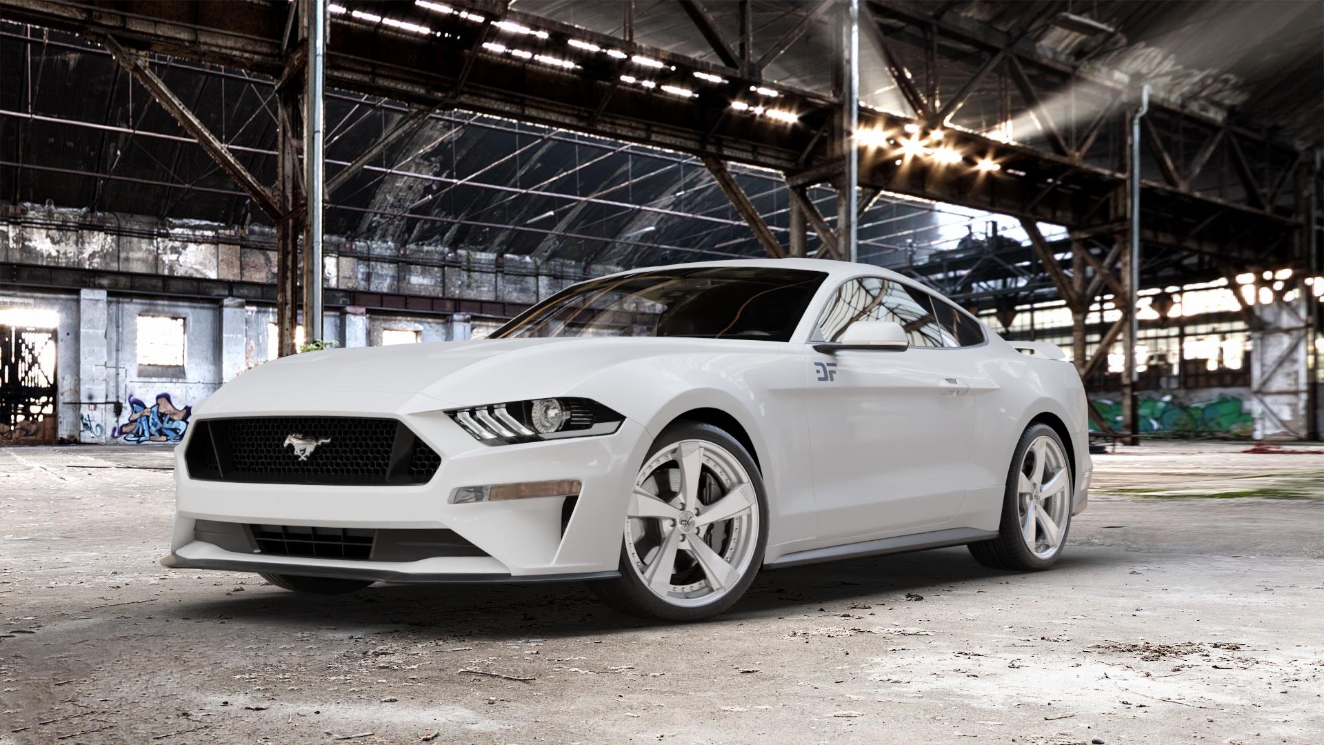 OXFORGED MP2 silver brush, lip polish Felge mit Reifen silber in 20Zoll Alufelge auf weissem Ford Mustang VI Coupe Typ LAE Facelift ⬇️ mit 15mm Tieferlegung ⬇️ Old Industrial Hall_max_5300mm_2024 Frontansicht_1