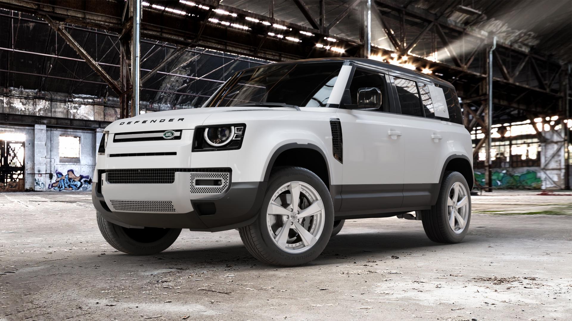 OXFORGED MP2 silver brush, lip polish Felge mit Reifen silber in 20Zoll Alufelge auf weissem Land Rover Defender 110 Typ LE ⬇️ mit 15mm Tieferlegung ⬇️ Old Industrial Hall_max_5300mm_2024 Frontansicht_1