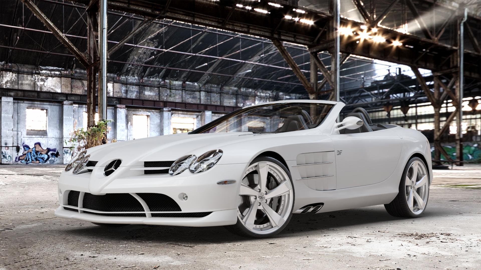 OXFORGED MP2 silver brush, lip polish Felge mit Reifen silber in 20Zoll Alufelge auf weissem Mercedes SLR Typ R199 Roadster ⬇️ mit 15mm Tieferlegung ⬇️ Old Industrial Hall_max_4400mm_2024 Frontansicht_1