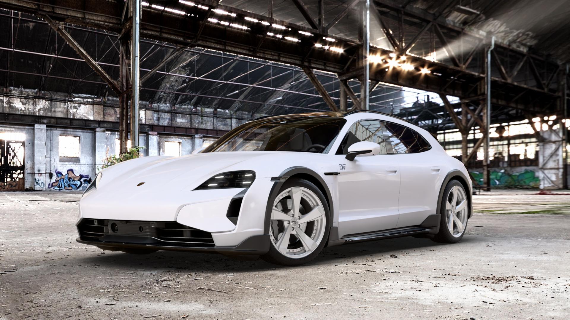 OXFORGED MP2 silver brush, lip polish Felge mit Reifen silber in 20Zoll Alufelge auf weissem Porsche Taycan Cross Turismo Typ Y1A Facelift ⬇️ mit 15mm Tieferlegung ⬇️ Old Industrial Hall_max_5300mm_2024 Frontansicht_1